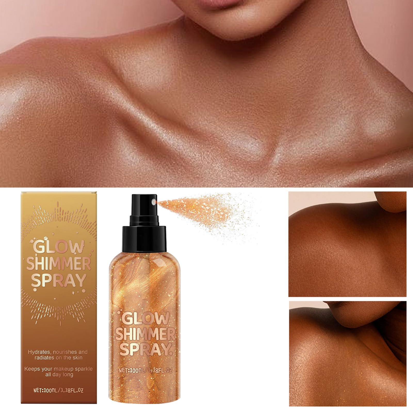 Body Glitter Spray, 100 ml Shimmer Mist for Hair & Skin, Moisturizing Glitter Spray, Long Lasting, for Nightclub, Festival, Prom Makeup Wife Women Teens Adult