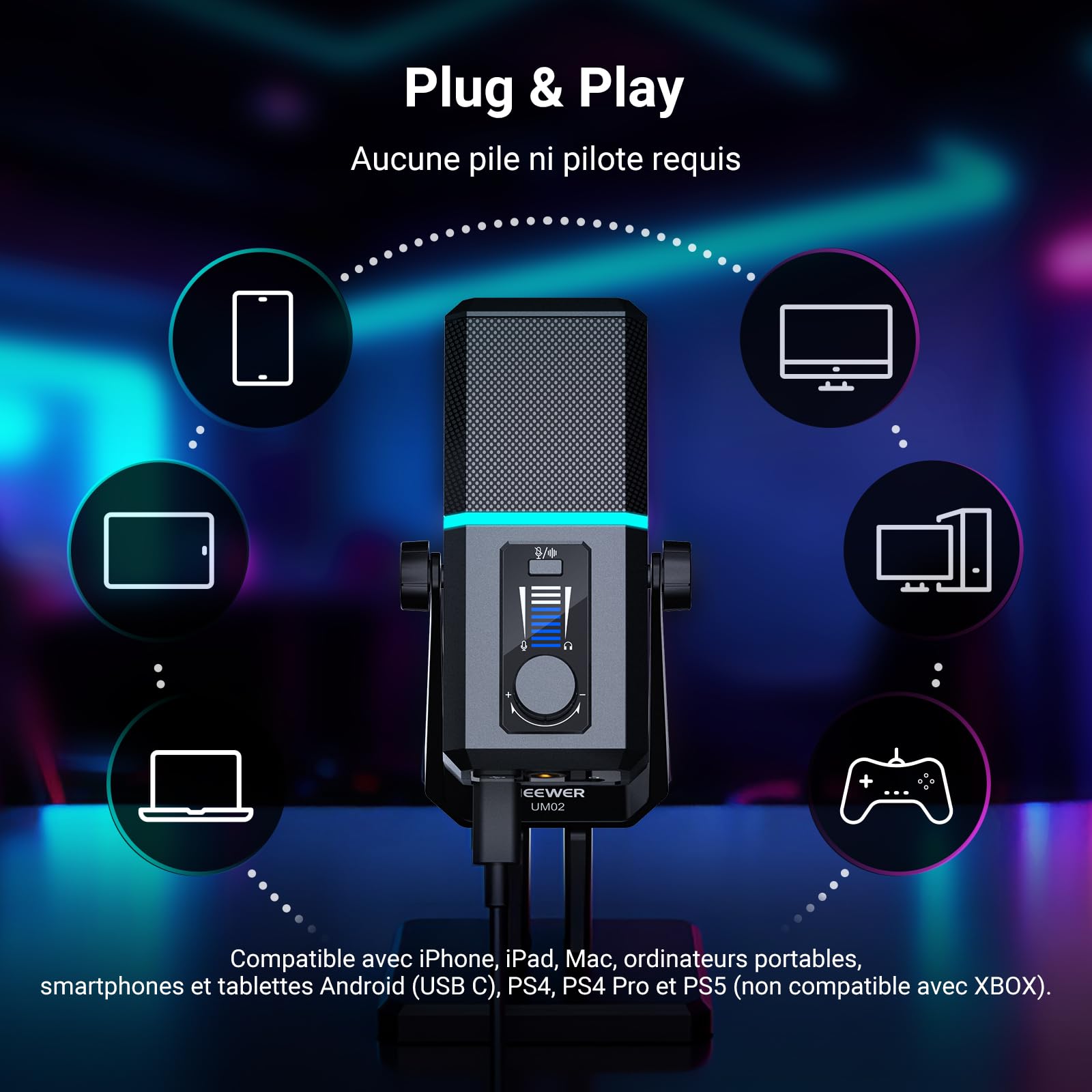 NEEWER UM02 Microphone USB RGB pour Gaming, Streaming et Podcasts; Micro de Bureau Cardioïde à Condensateur avec Réduction de Bruit; Compatible avec iPhone iPad Mac PC Android PS5/PS4 Pro/PS4