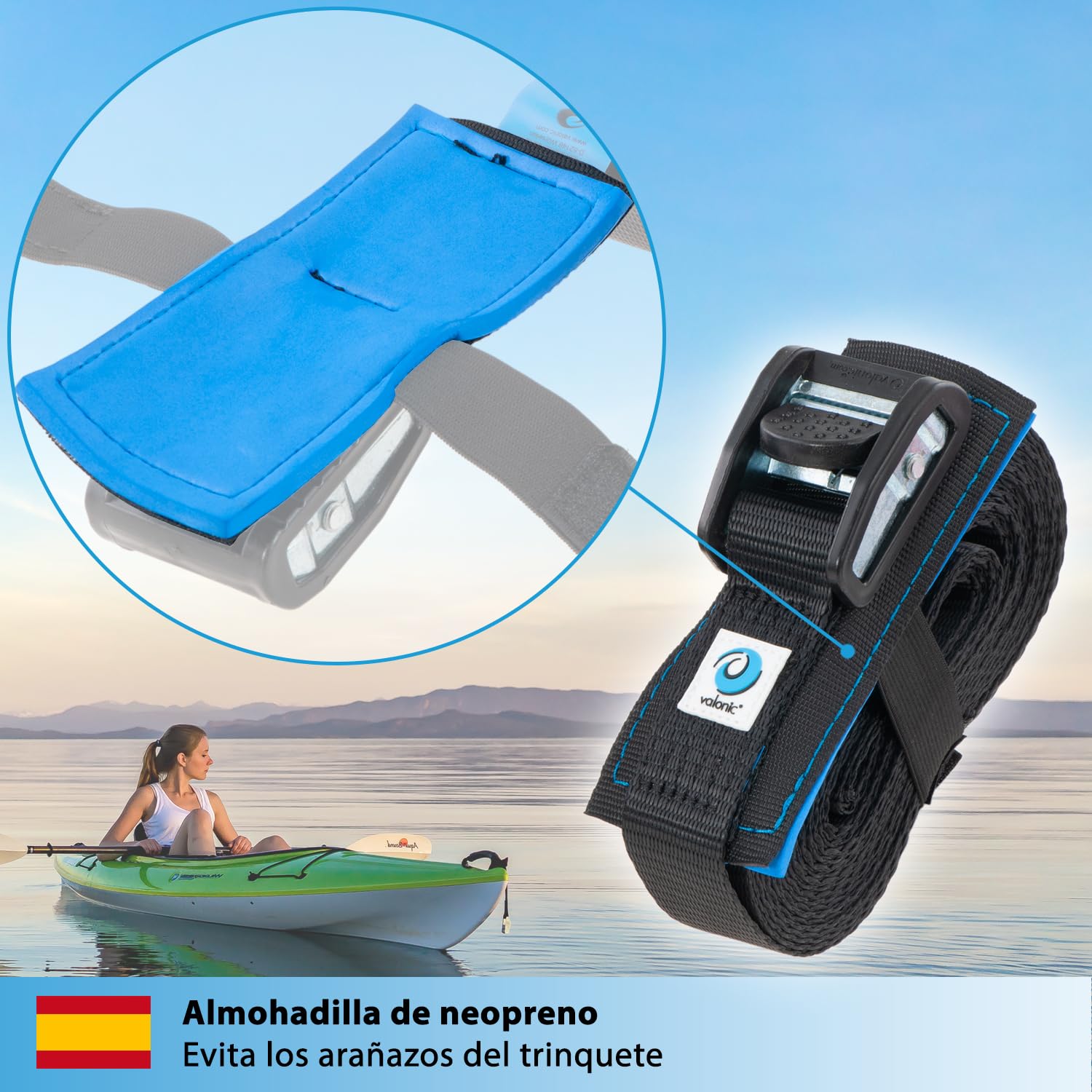 valonic Dolphin - 2X 6m XL cincha de Amarre con Cierre de apriete, 35mm, 800 Kg, Acolchada, EN-12195-2 - Negro, Correa de Amarre para Tabla de Paddle Surf o Kayak