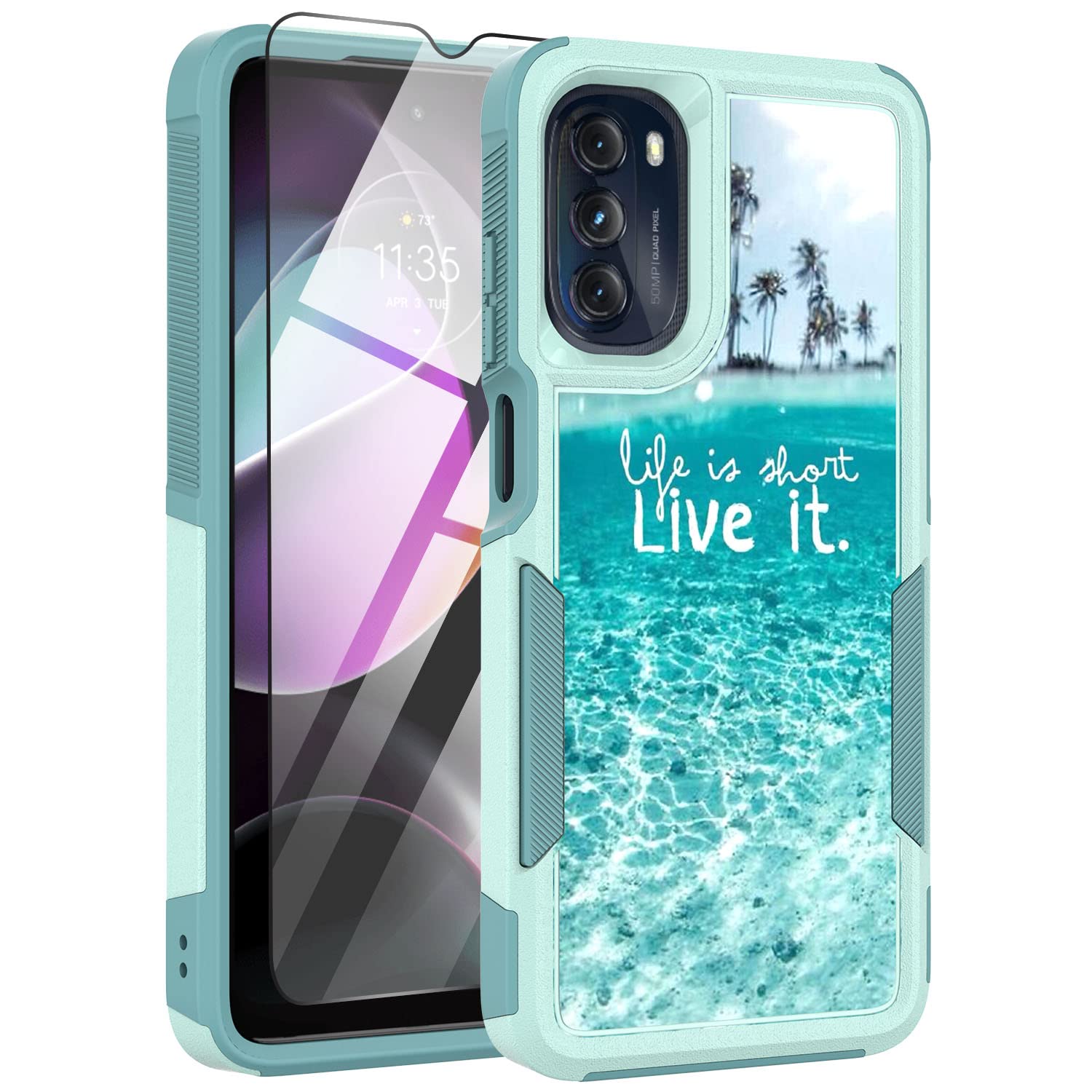 Voanice for Moto G 5G 2022 Case with Tempered Glass Screen Protector, Dual Layer Shockproof Heavy Duty Protection Rugged Hybrid Protective Hard PC +Soft Silicone Women Men for Motorola G 5G 2022 -Teal