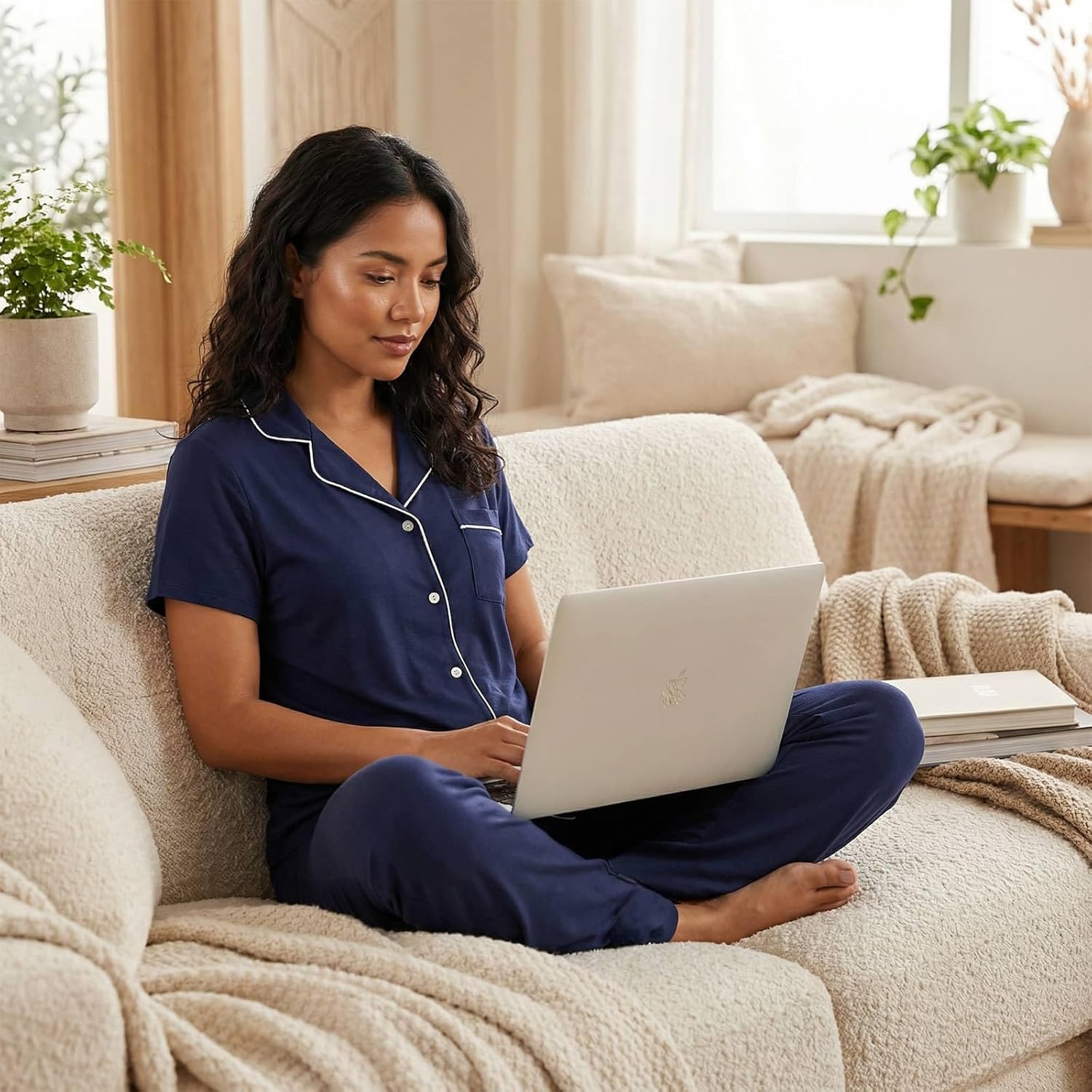 Women's Petite Cotton Pajama Set Short Sleeve Button Up Pjs with Short Inseam Pants & Pockets 2-Piece Lounge Set
