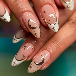 Gold Moon Star Press on Nails Medium Almond Fake Nails with Design White French tips Glue on Nails Glossy Spring Nails Reusable Summer Fall False Nails for Women Girls Manicure 24pcs
