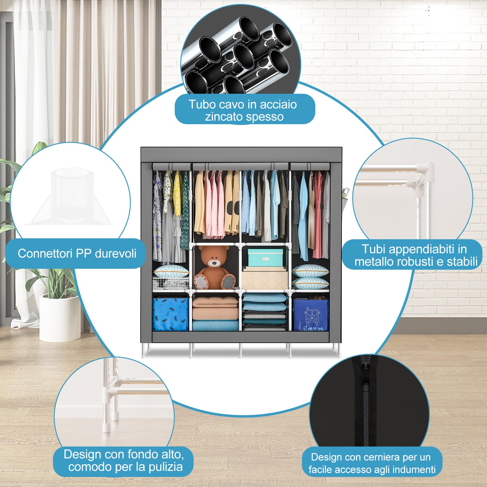 Mihoho Armadio portatile, armadio pensile da 170 cm, appendiabiti in metallo, armadio indipendente con rivestimento in tessuto Oxford, 165 cm x 170 cm x 45 cm (grigio c, Grande)