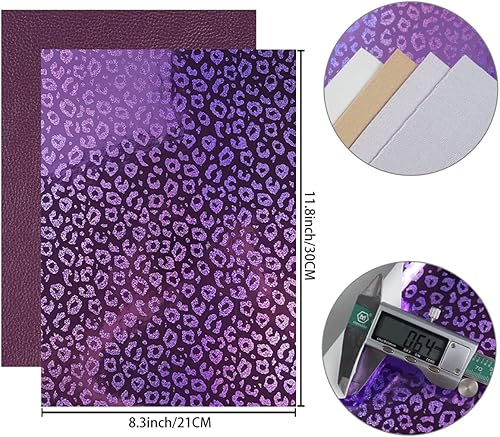 Miniatura 2 de 6 hojas de cuero sintético de 8 x 12 pulgadas, color morado oscuro, purpurina fina y gruesa, holográfica, mariposa, leopardo, litchi, tela de piel