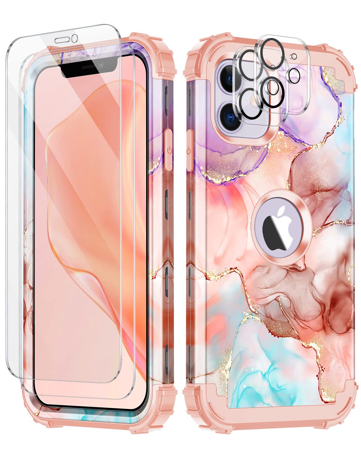 Casetegofor iPhone 11 Case,2 Pack Tempered Screen Protector+2 Pack Camera Lens Protector,Shockproof Three Layer Heavy Duty Sturdy Full Body Protective Case for Apple iPhone 11 6.1 inch,Rose Gold