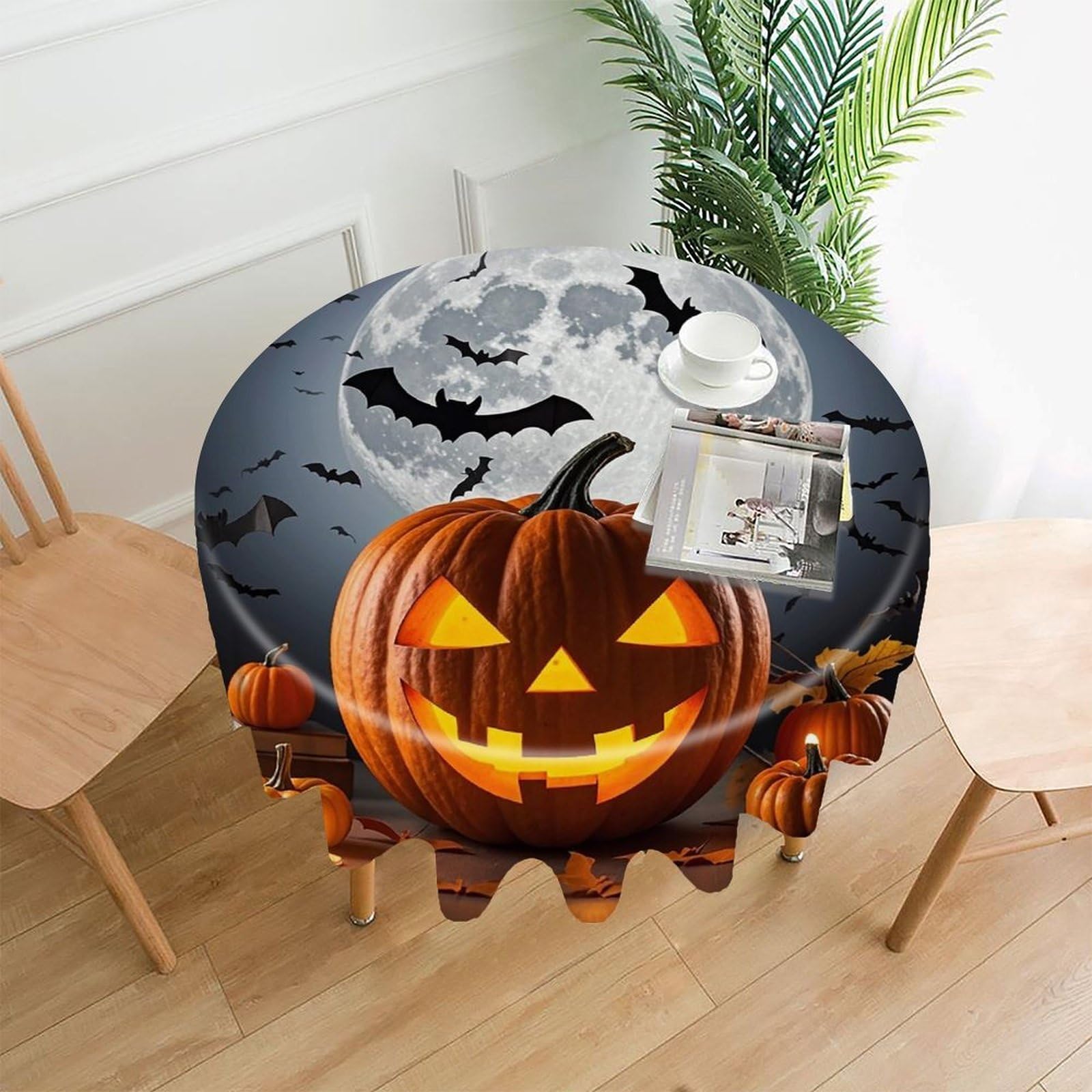 FekiLoot Halloween Moon Bat Pumpkin Tablecloth Decorative Round Table Cloth Wrinkle Resistant Washable Circle Table Cover Round Tablecloth for Picnic Party Camping Dining 60 Inch