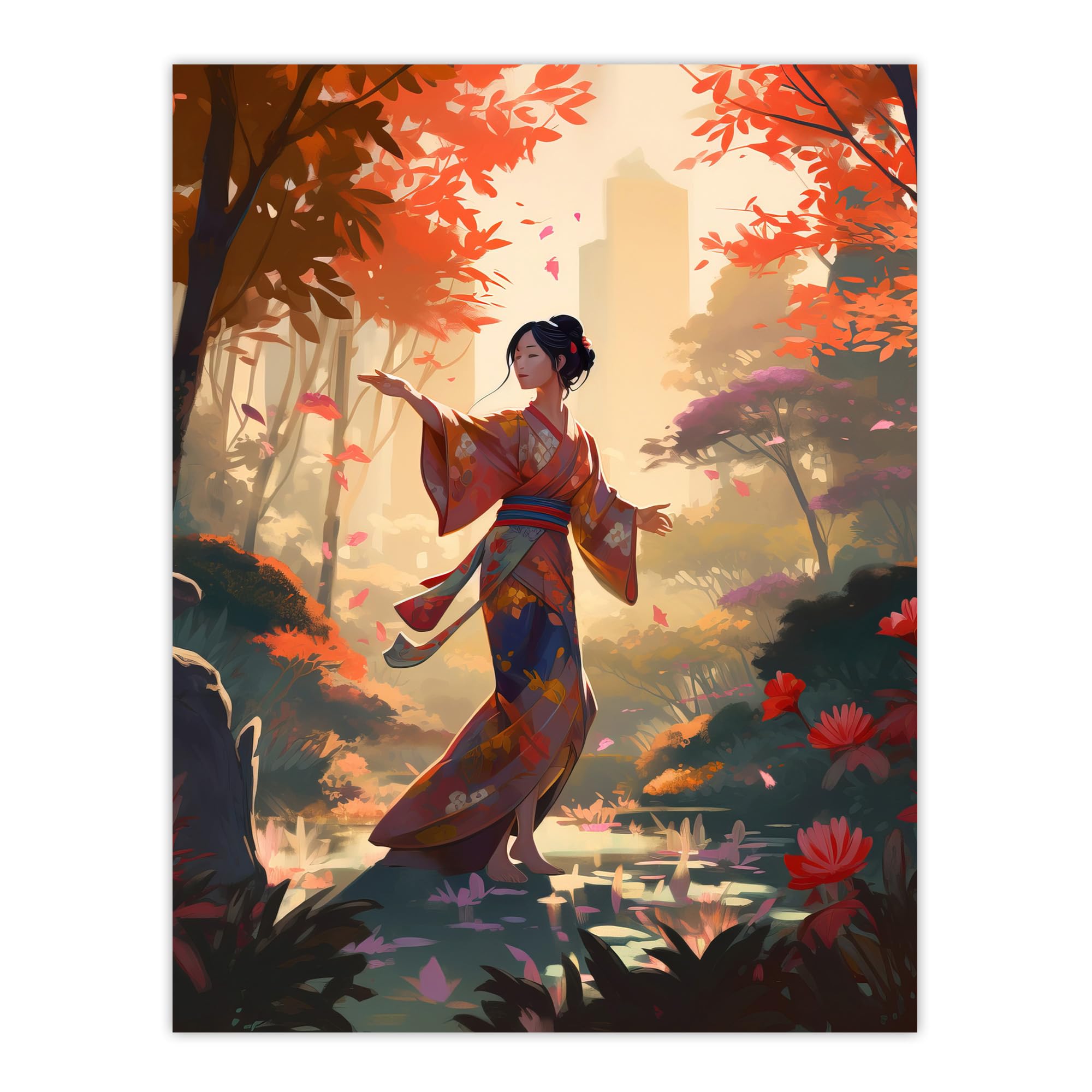 Artery8 Geisha Performing Traditional Dance Warm Painting Graceful Dancing Falling Leaves Floral Japanese Kimono Autumn Tree Tranquil Garden Landscape Extra Large XL Wall Art Poster Print