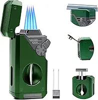 Isqueiro de tocha de butano 5 em 1, chama de jato 4, refil de isqueiro de butano, cortador em V embutido, perfurador, suporte, nubber, isqueiro à prova de vento para velas, presente legal