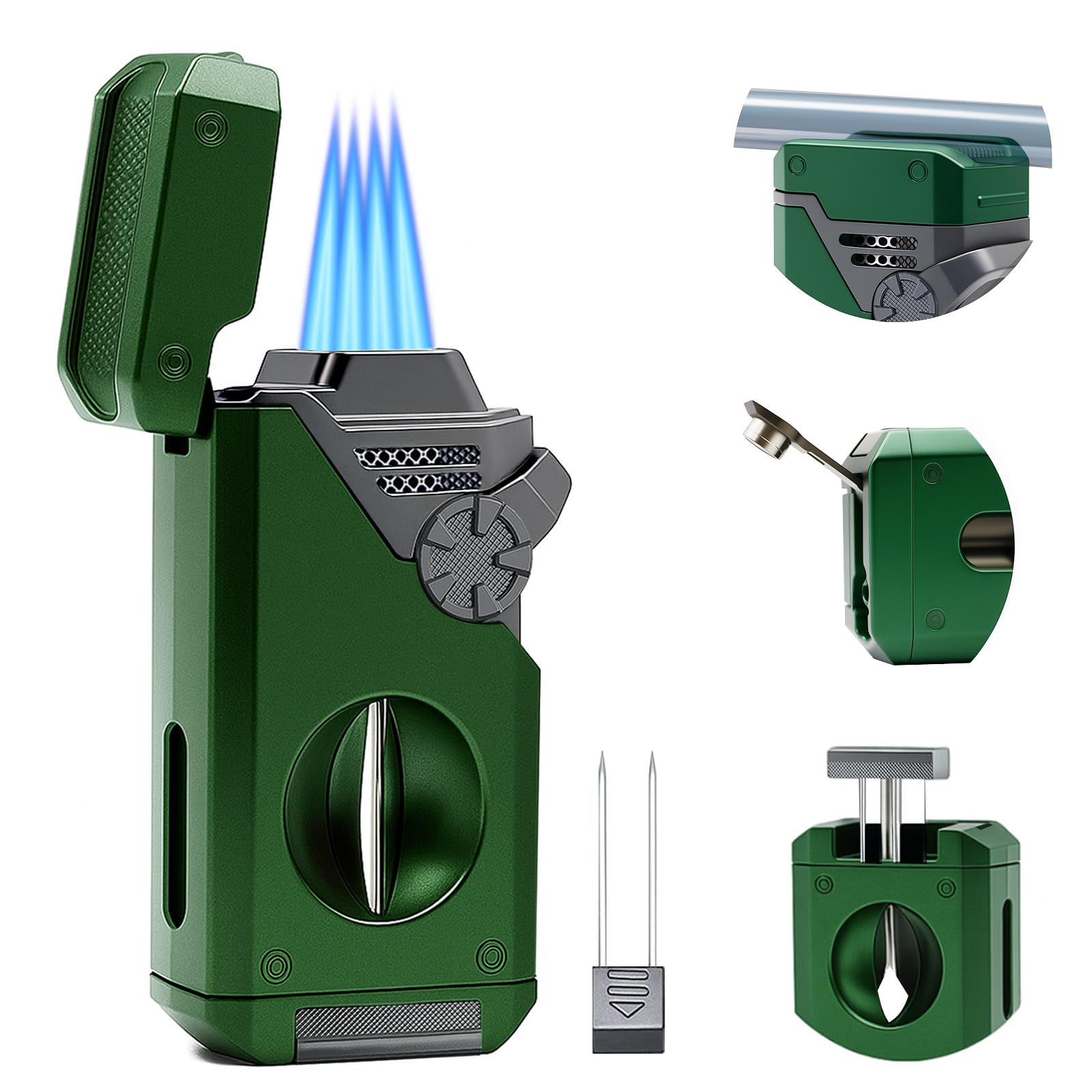 5 in 1 Butane Torch Lighter 4 Jet Flame Butane Lighter Refill Built-in V Cutter Punch Holder Nubber