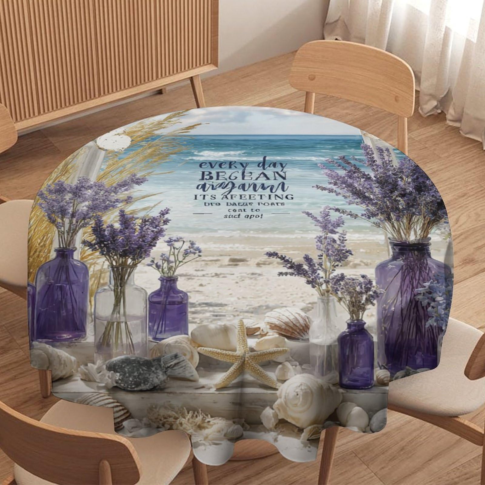 LUYYSKY Beautiful Abstract Window Seaside Waterproof Round Tablecloth Funny Realistic Summer Nautical Landscape Lavender Lilac Washable Table Cover for Kitchen-91.4" Wx91.4 L cm