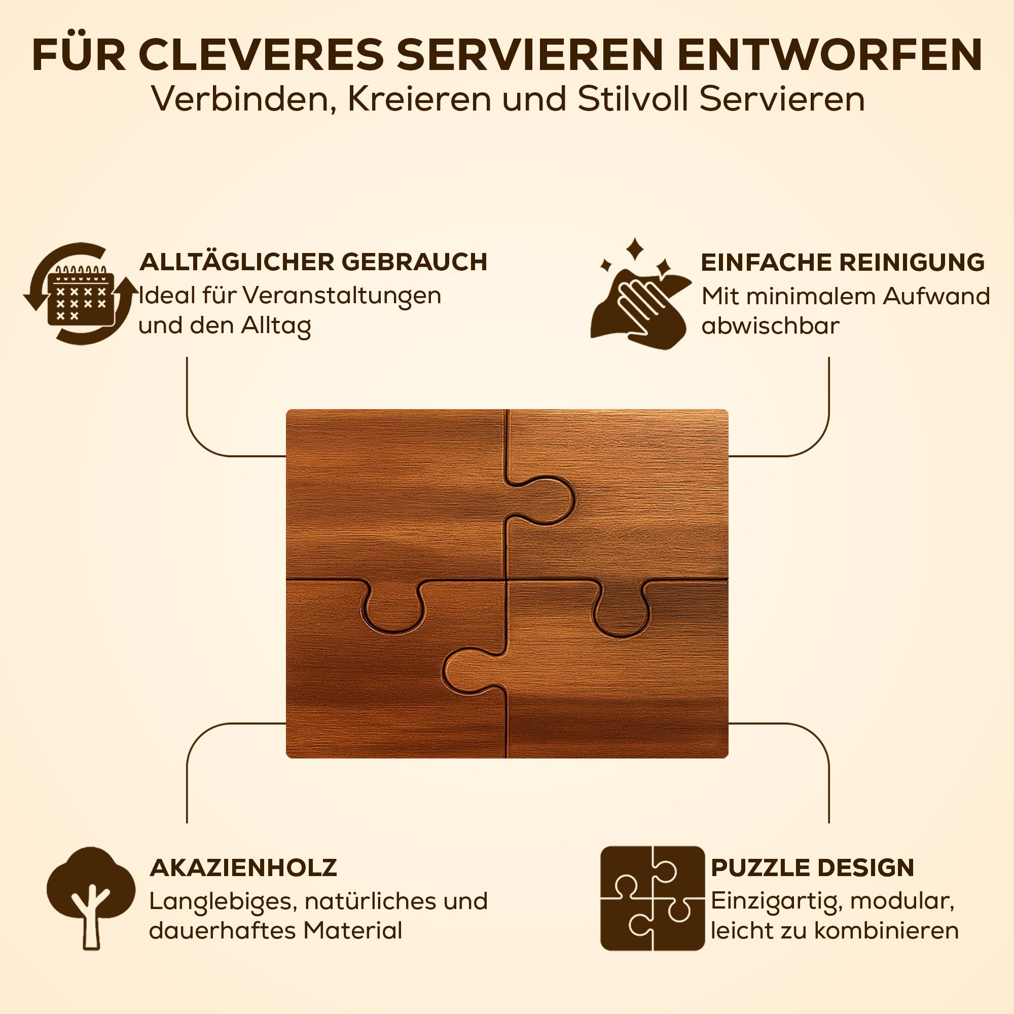 Puzzle Servierbrett 4-teilig aus Akazienholz – Rustikales Frühstücksbrett, Käsebrett & Schneidebrett | Nachhaltiges Holzbrett Set | Geschenkidee für Küche & Abendbrot