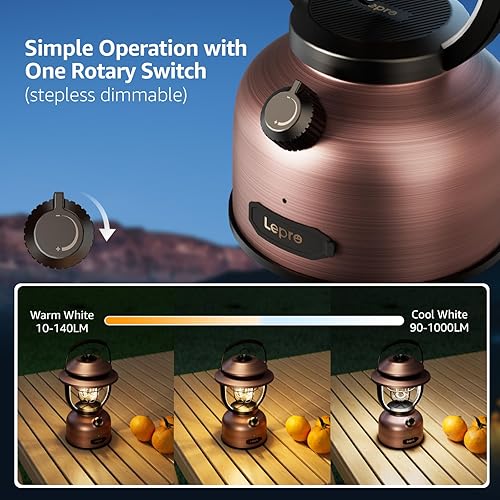 Miniatura 3 de Lepro Linterna LED retro clásica para campamento, altos lúmenes, luz blanca diurna de 2500 K y 5000 K, regulable, recargable por USB, impermeable