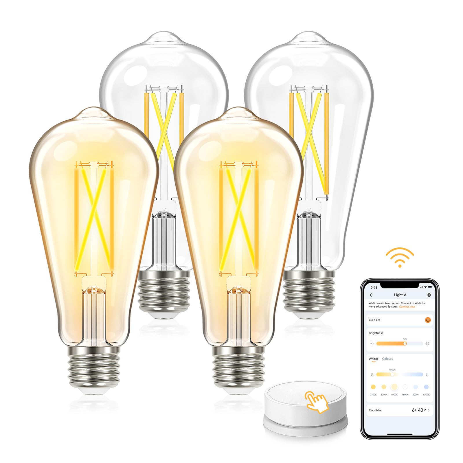 Smart Edison Light Bulbs, Remote Control via WiFi/APP/Voice/Button, E26 2700K-6500K 8W=60W, Dimmable & Tunable Vintage LED Bulbs Work with Alexa & Google Home, Cool and Warm White 4 Pack
