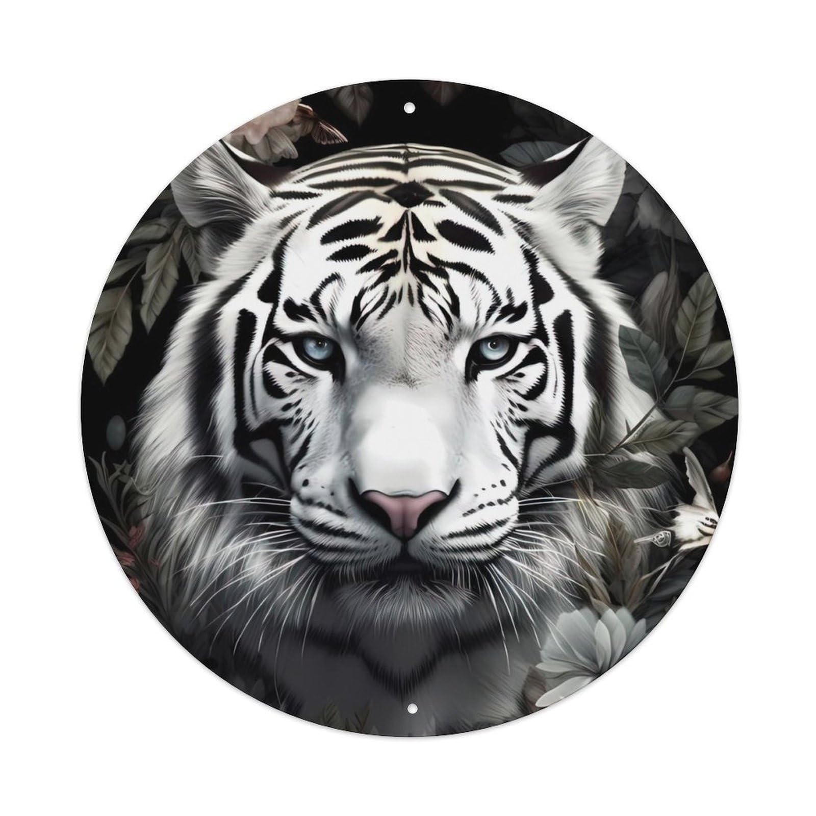 Animal Poster White Tiger And Flower Metal Tin Sign Plaque Wall Decor for Cafe, Club, Garden Round Metal Poster 8x8Inch