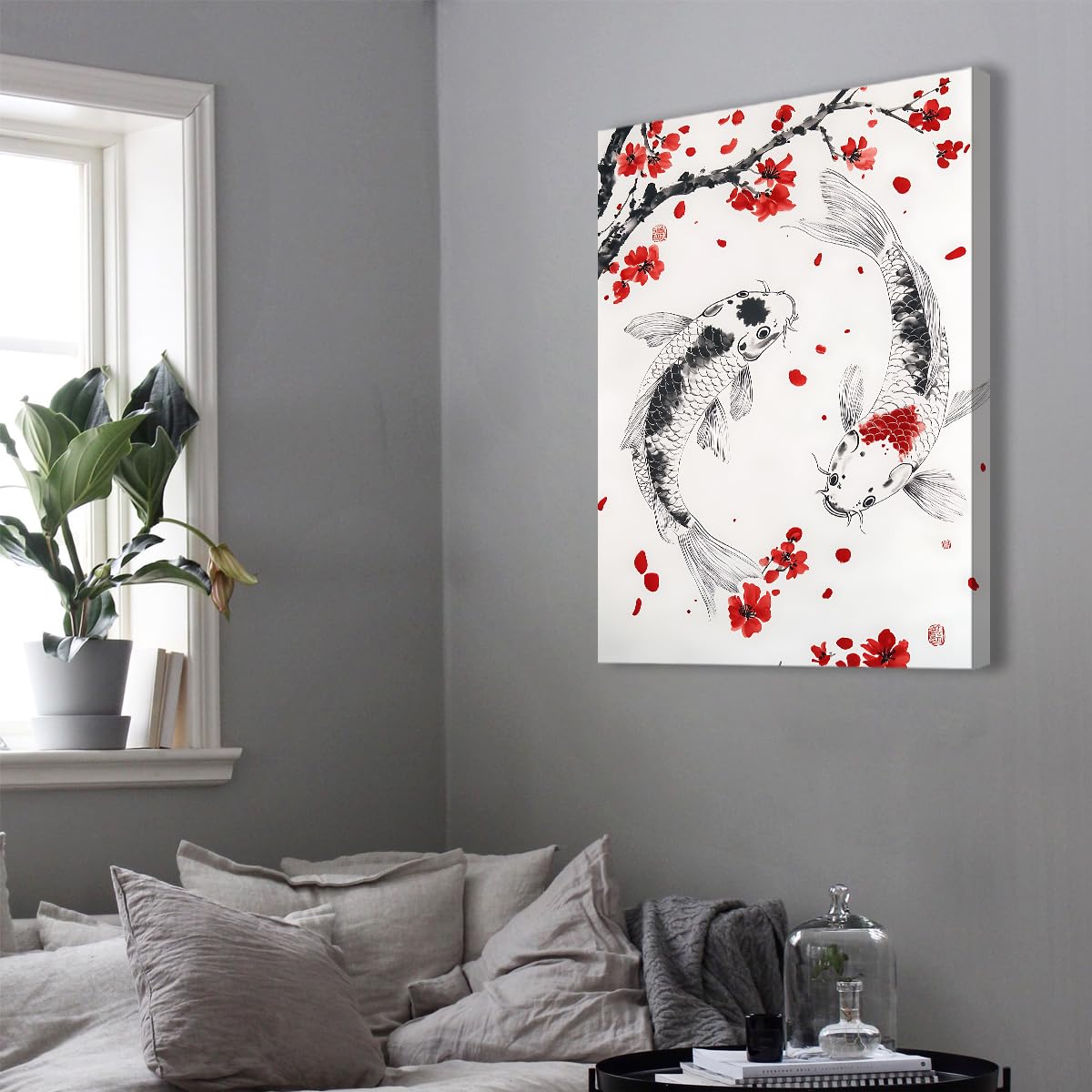 CHERHERART Dekoracyjny plakat rybny koi i czerwony kwiat śliwki drukowany obraz japoński styl płótno malarstwo ścienne do salonu sypialnia biuro biuro 70 x 100 cm rama wewnętrzna