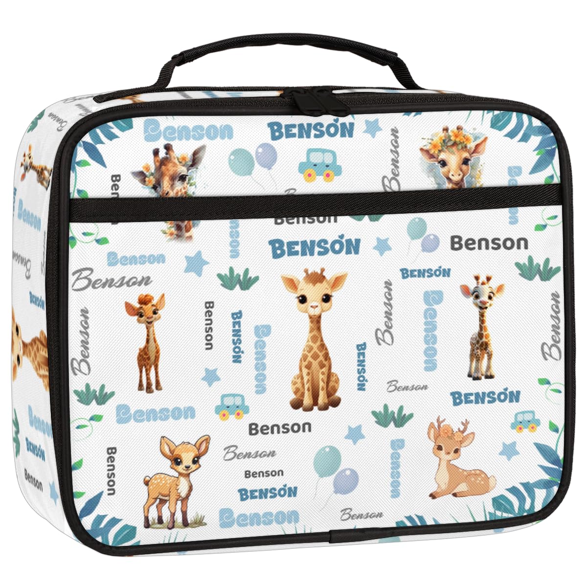 RIRIXING Personalised Lunch Box for Kids - Insulated School Lunch Bag with Name Customisation, Kids Snack Boxes with Handles, Animal Deer Giraffe