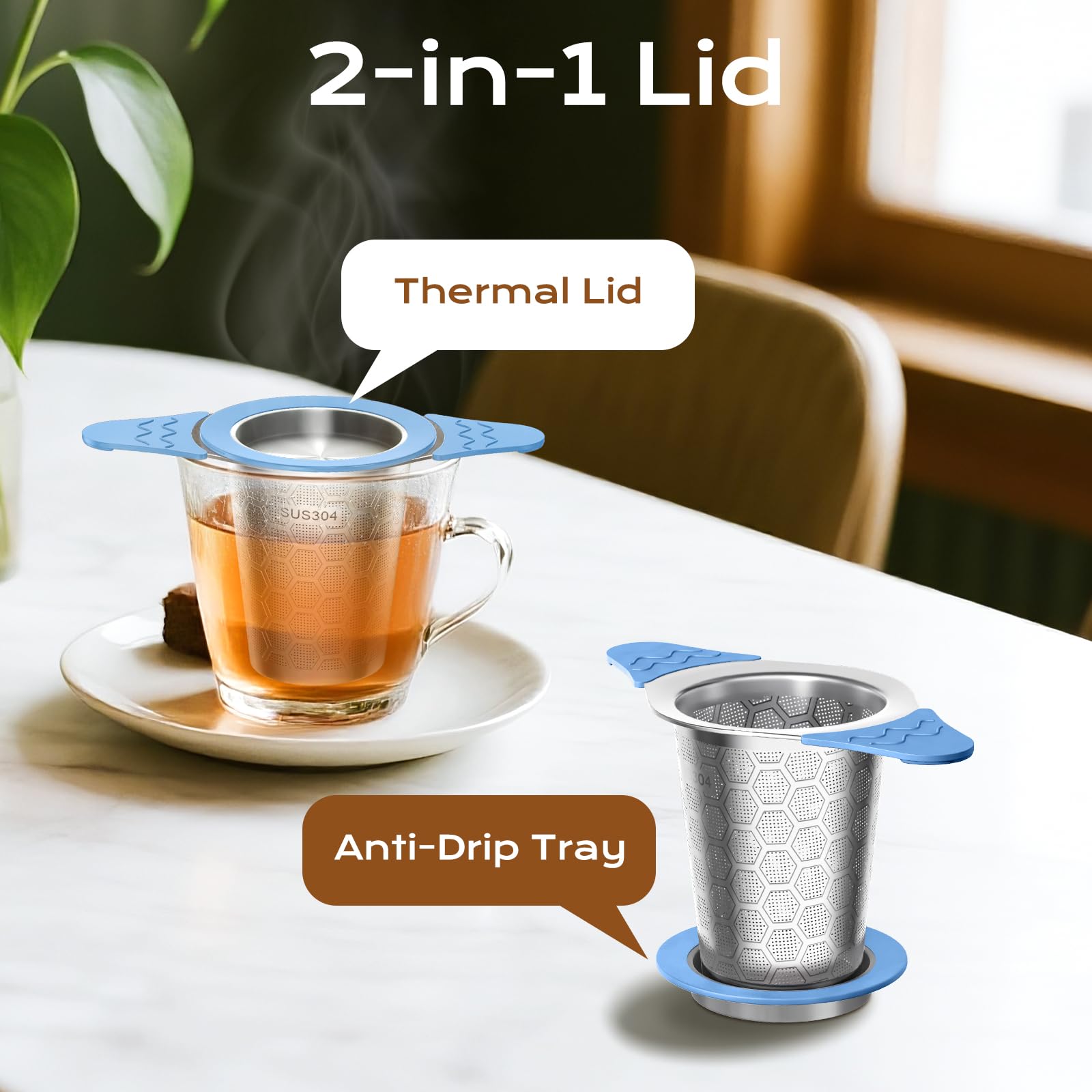Tea Strainer for Loose Tea 304 Stainless Steel Tea Infuser with Lid & Double Silicone Handles, Tea Filter Fine Mesh, Teapots - Image 4