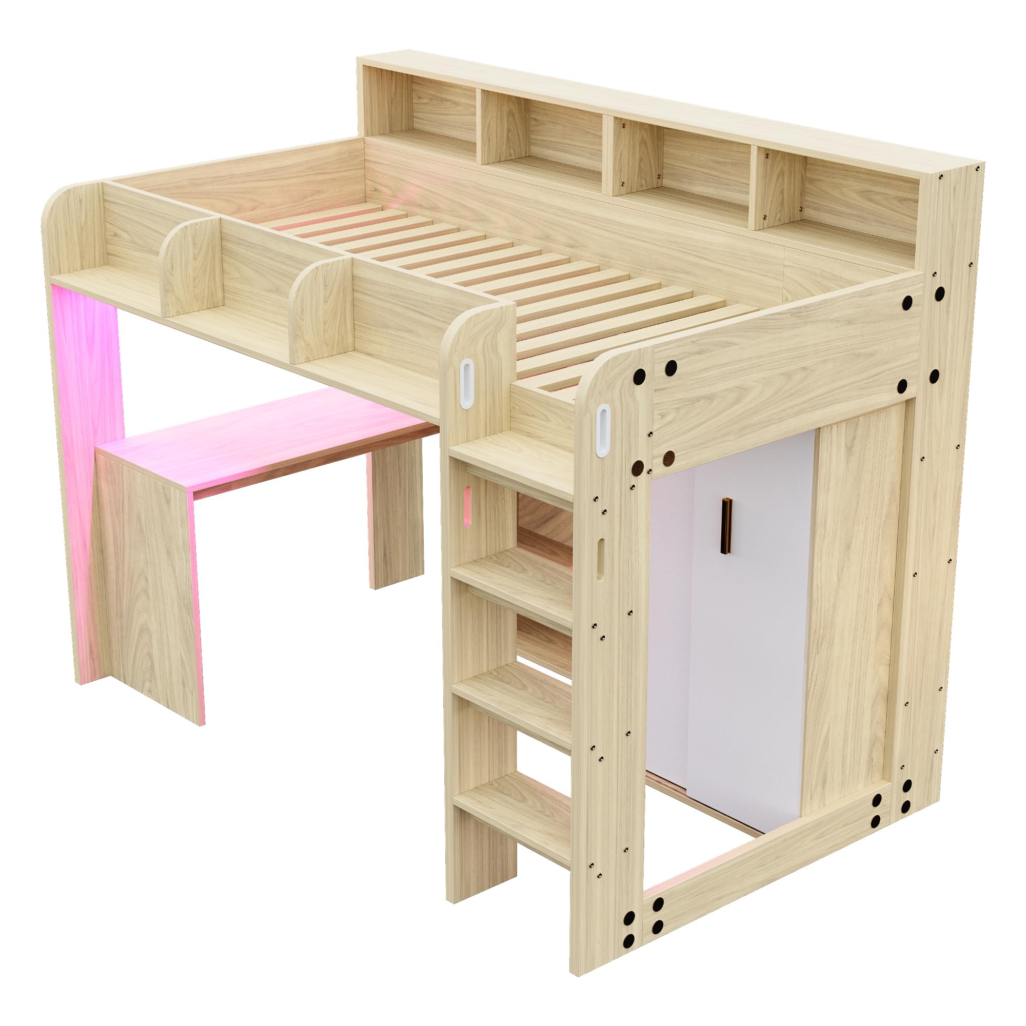 Cama alta multifuncional 90x200cm para niños, con escritorio, armario, estante, compartimentos de almacenamiento e iluminación LED, marco de cama infantil con somier de listones (color
