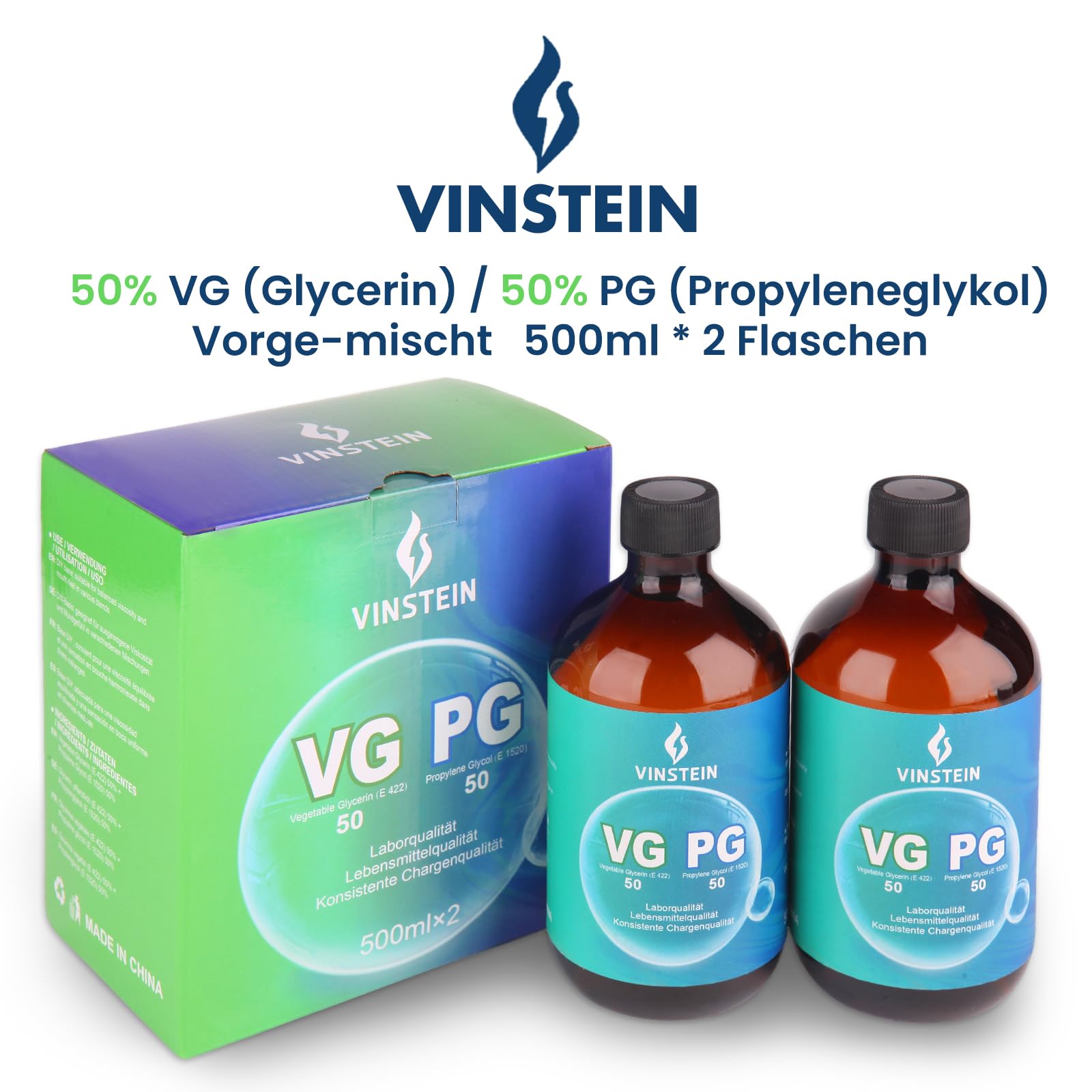 VG PG 50/50 2×500ml – Laborreinheit VG 99,7% E422 & PG 99,9% E1520, VG Glycerin & Propylenglykol, Vegan, hochrein & geruchsneutral, Hohe Reinheit