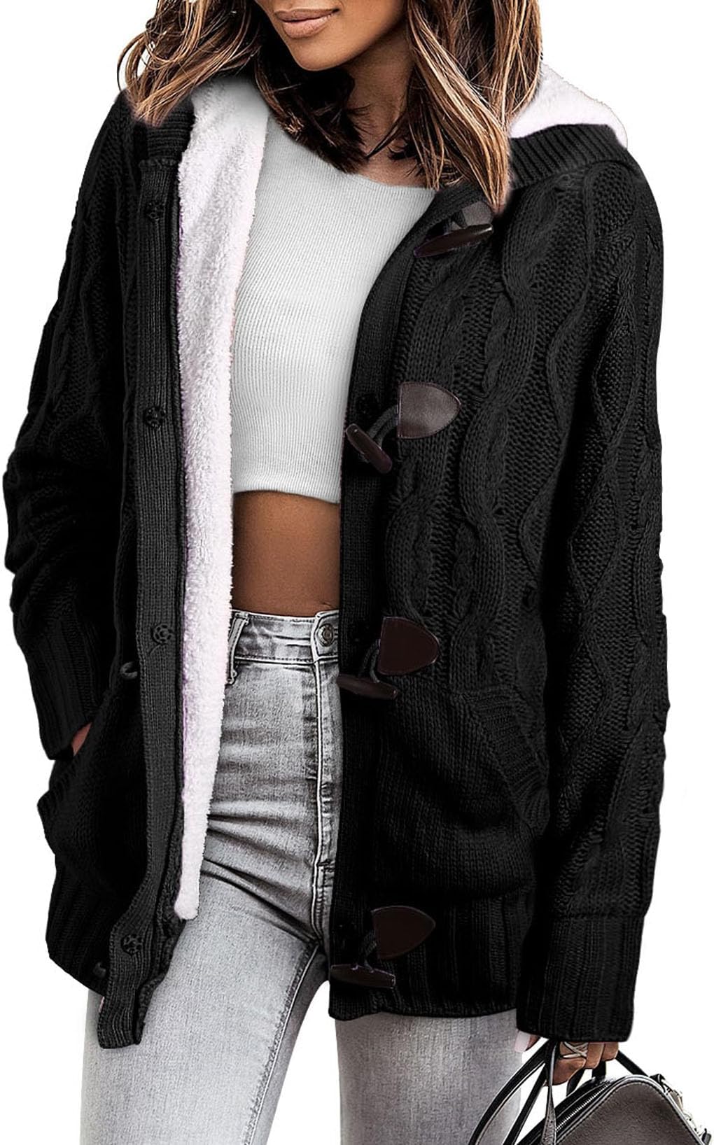 Women's Cardigan Sweaters Hooded Fleece Lined Button Down Winter Sweater Coat