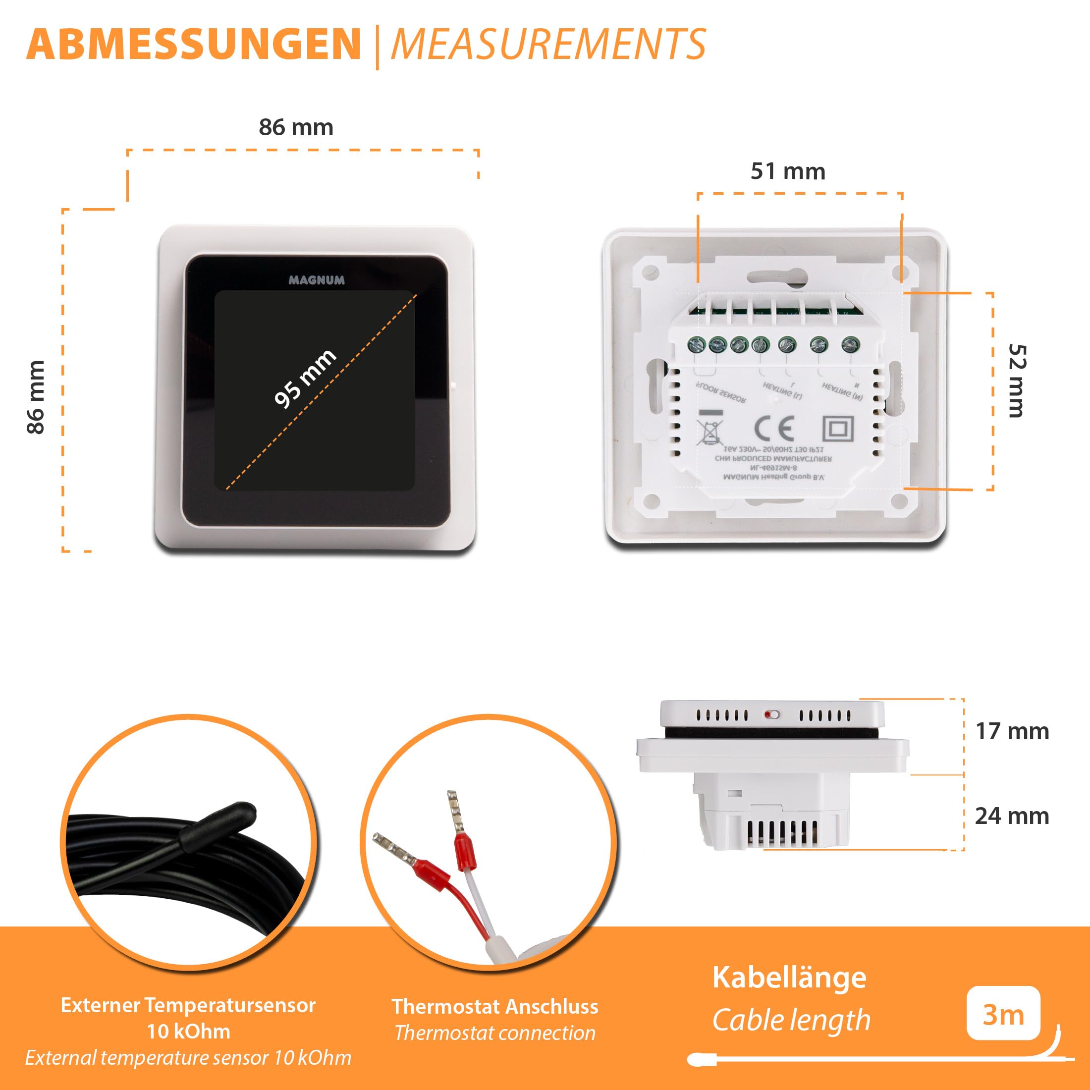MRC - Termostato inteligente WiFi con sensor de suelo para calefacción por suelo radiante, calefacción eléctrica, convector, aplicación Tuya Smart App
