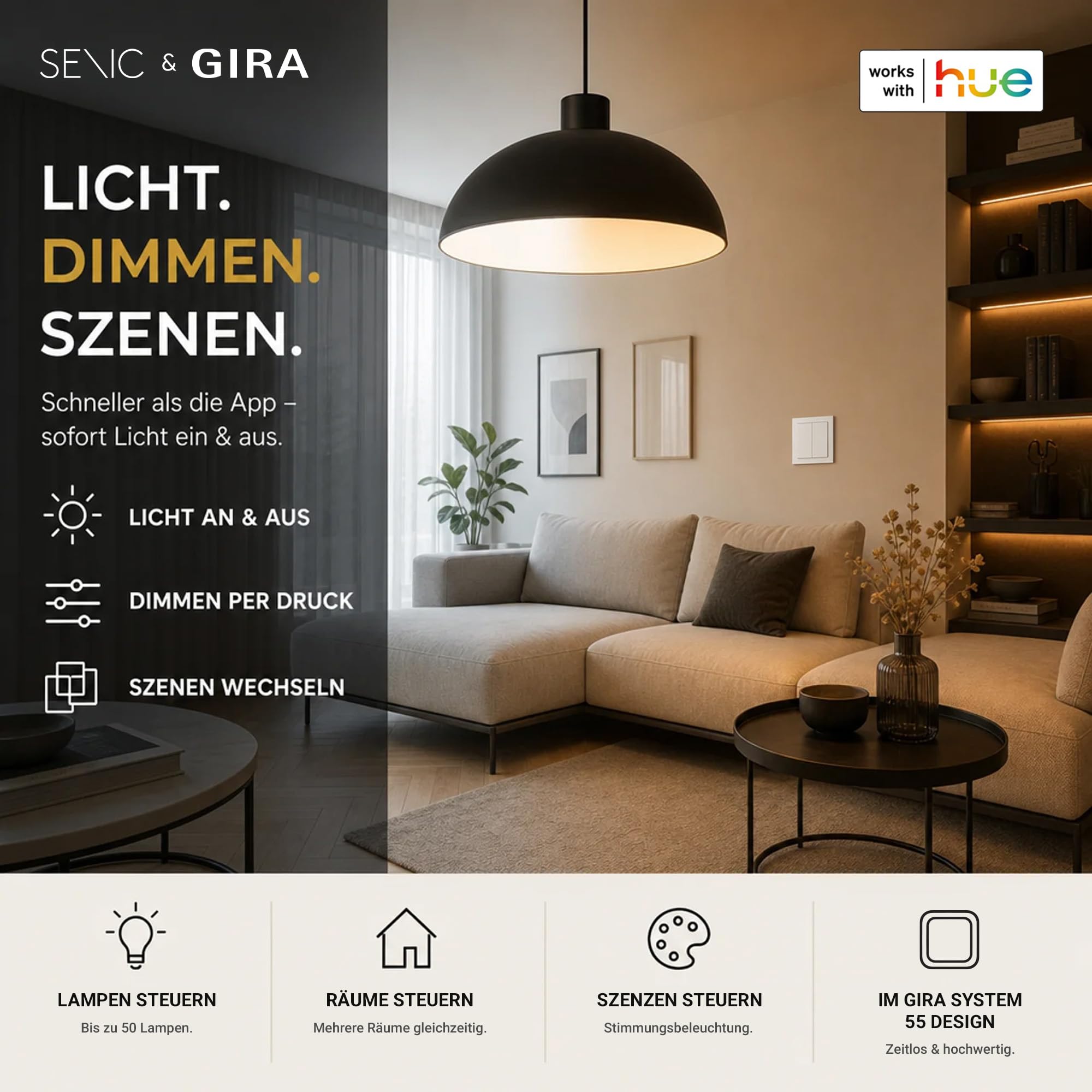 Senic Friends of Hue Smart Home Lichtschalter weiß | Kabelloser & batterieloser Hue Schalter und Dimmer für Philips Hue (Zigbee) | Smart Switch flexibel montierbar & dimmbar