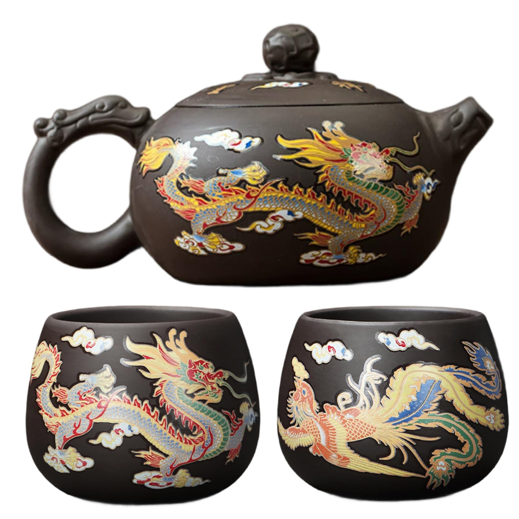 Juego de té chino que cambia de color con dragón fénix y tetera mágica de arcilla morada