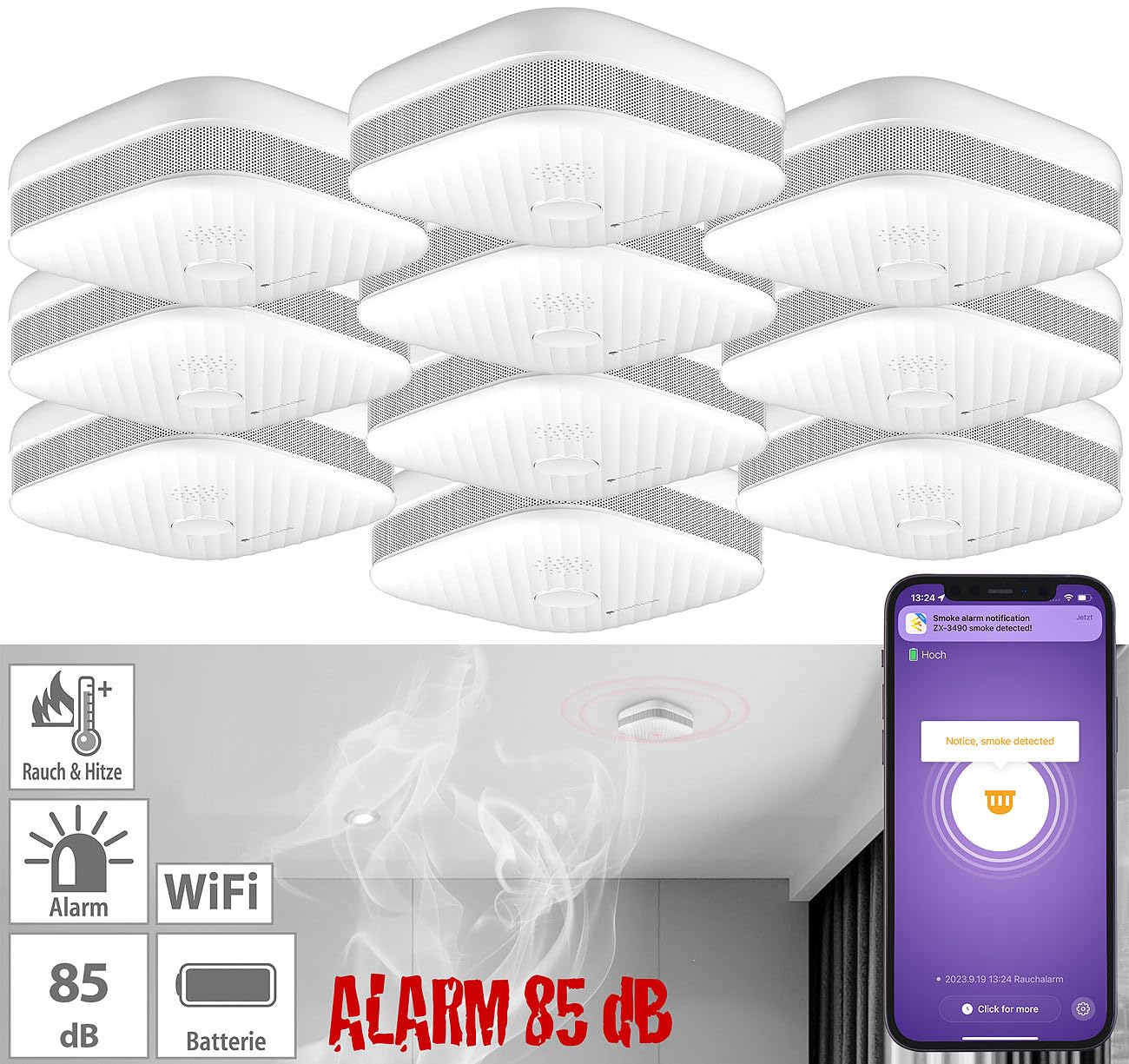 VisorTech rilevatore di fumo smartphone: Set da 10 Rilevatore di fumo e calore Wi-Fi (con notifica app, con avviso app)