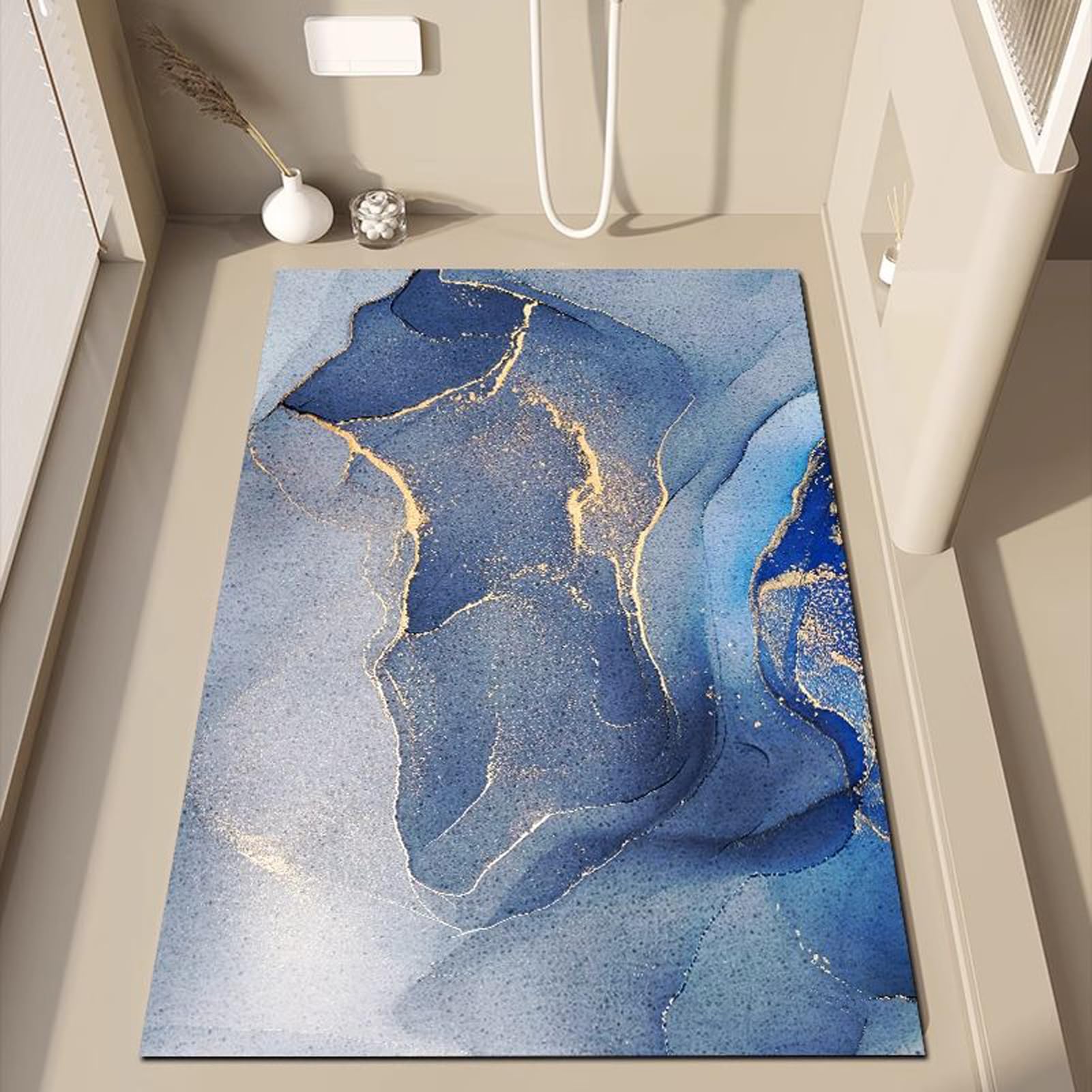 Alfombrilla de ducha antideslizante, 60 x 100 cm, diseño de mármol, azul, PVC, suave y cómodo, con agujeros de drenaje sin ventosa
