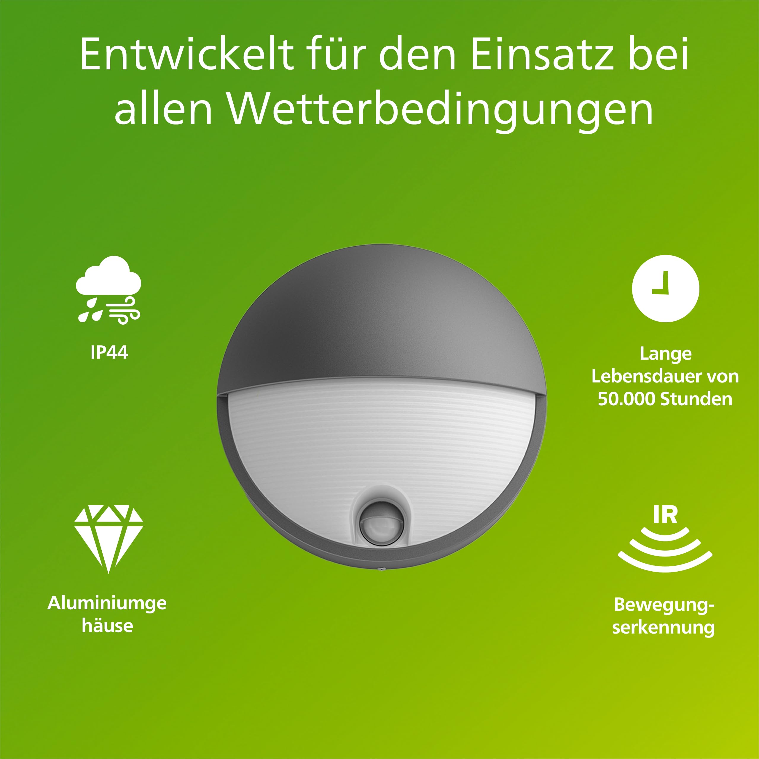 PHILIPS Capricorn Außenwandleuchte, ultra-effizient, 800 lm, 2700 K, PowerShield, IP44 wetterfest, langlebig, Aluminium, Bewegungsmelder, integrierte LED, Anthrazitgrau