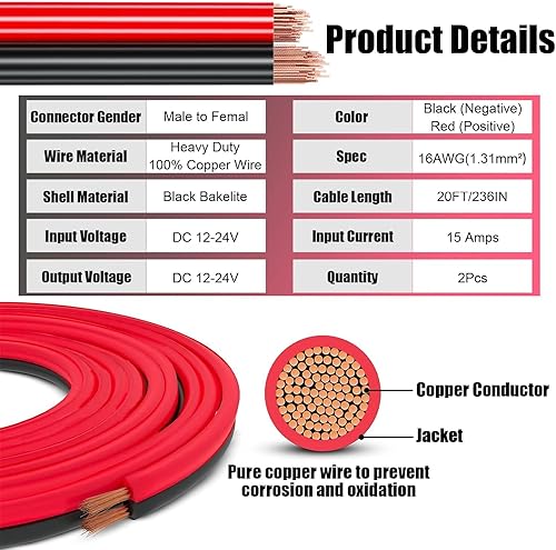 Miniatura 10 de 2 cables de extensión de encendedor de cigarrillos de 13 pies, 12 V24 V, 16 AWG, 156 W15 A, enchufe macho a enchufe hembra, cable de extensión con 2