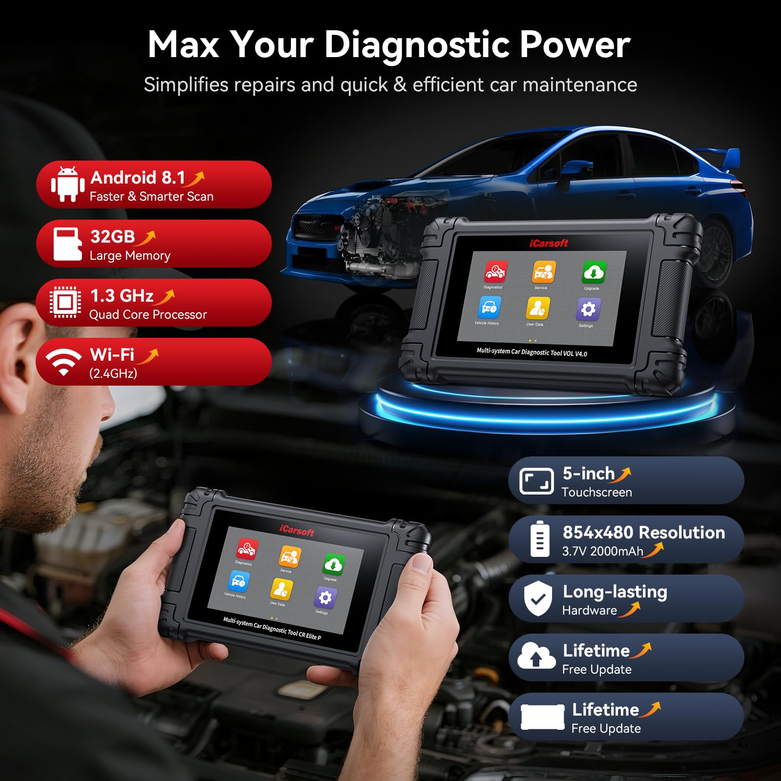 iCarsoft CR Elite P OBD2 Scanner, Auto Diagnosegerät Motor/Getriebe/ABS/SRS, 49 Reset-Funktionen Codeleser, Batterietest, Auto VIN, Batterietest, Lifetime Wi-Fi Update