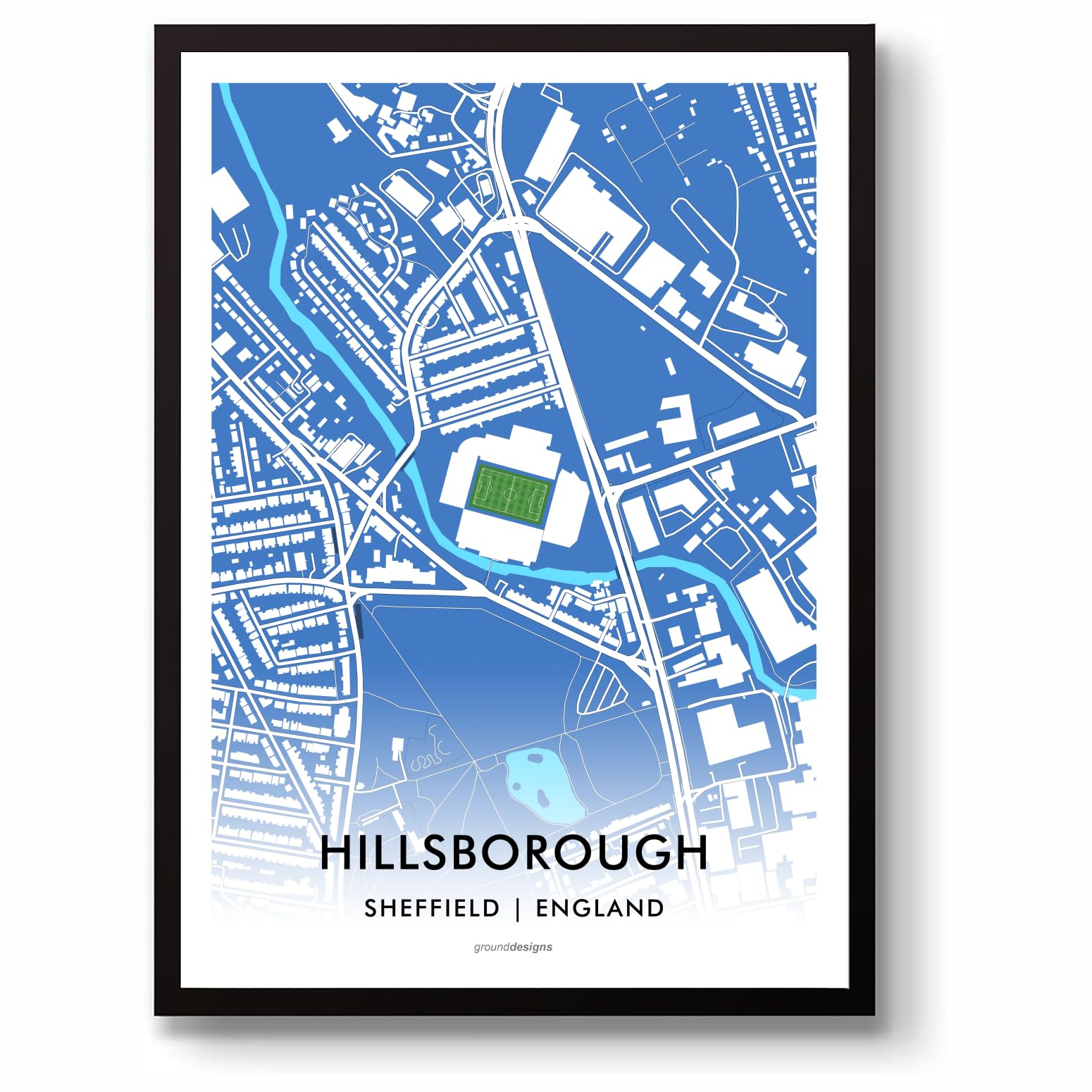 Grounddesigns Men's Blue And White Sheffield Wednesday Football Gift Hillsborough Stadium Art Map Unframed A3 Print Swfc