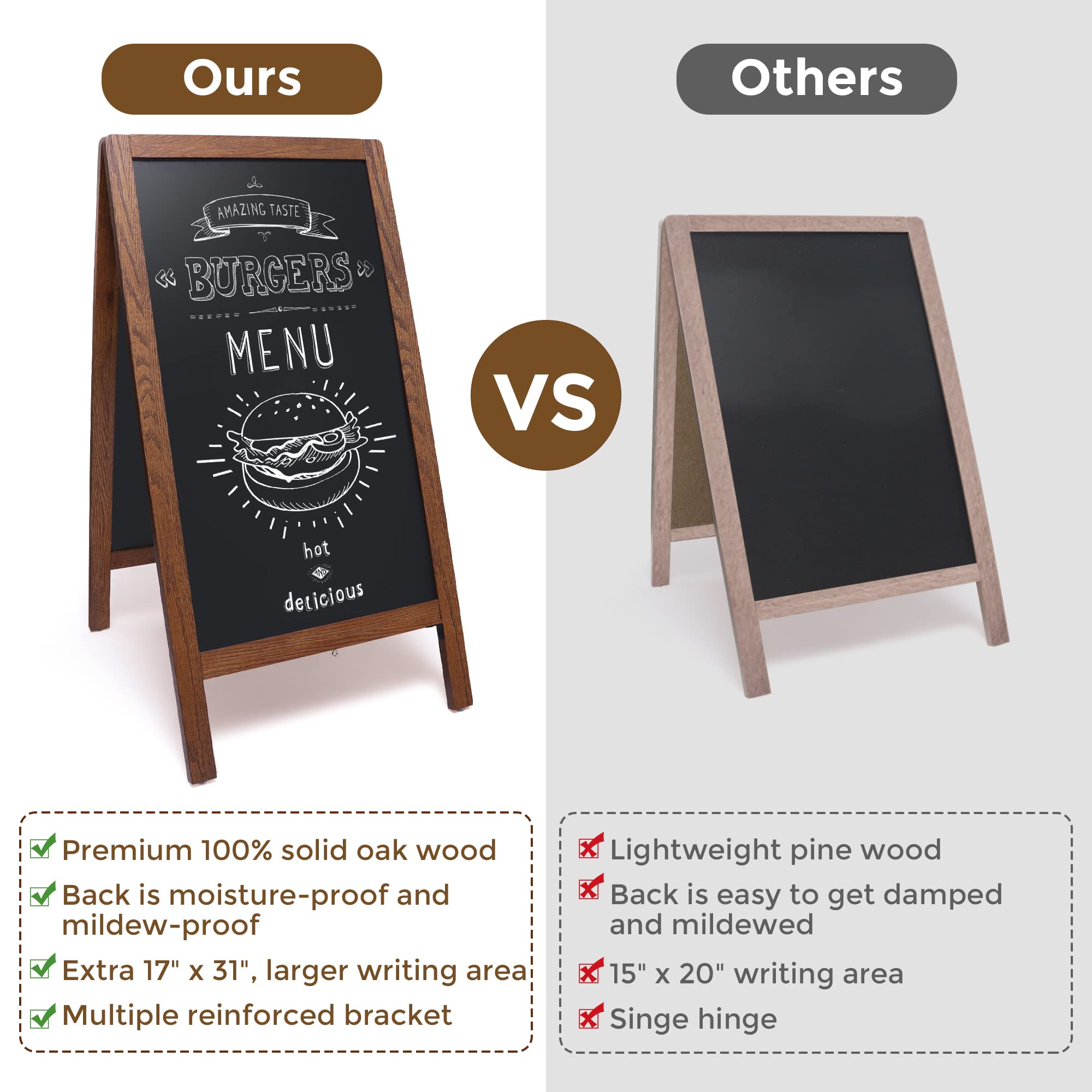 A-Frame Chalkboard Signs 40" x 20", Solid Oak Wood Chalkboard Easel with Stand, Rustic Menu Board for Restaurant, Double Sided, Sturdy Sidewalk Sign Sandwich Board, Outdoor Welcome Wedding Signs