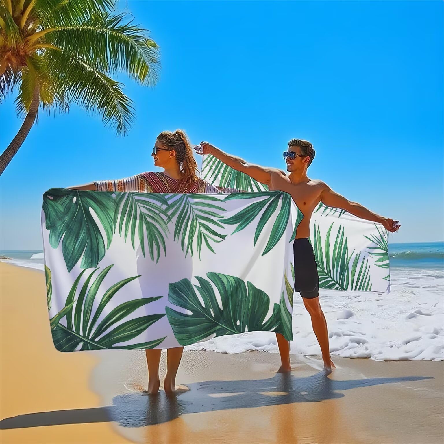 Ręcznik plażowy dla dorosłych, ręcznik z mikrofibry, liść, zielone ręczniki kąpielowe, 220 x 100 cm, duży, unikalny zatrzask, chłonny, supermiękki, szybkoschnący, odporny na piasek, lekki, do pływania