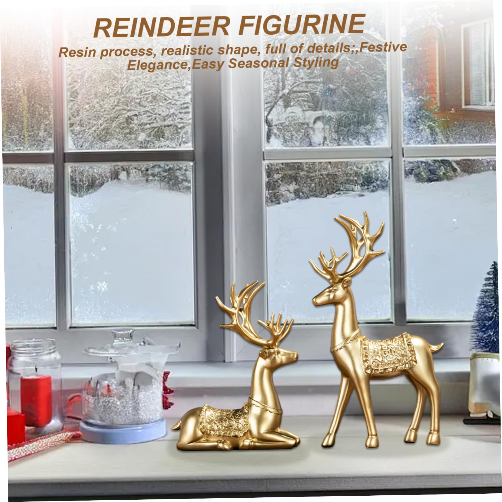 Figuritas de Renos navideños de Resina, estatuas de Ciervos Dorados de Renos navideños sentados y de pie para decoración del hogar, Sala de Estar y Oficina, 2 uds.