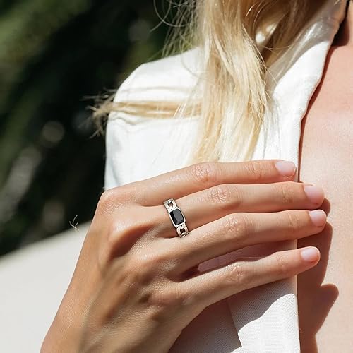 Miniatura 8 de Bestyle Simple Sterling Silver Ring for Women Men - Cuban Link Chain Rings with Black Onyx Emerald-Fashion Thumb Index Pinky Finger Ring Every Day