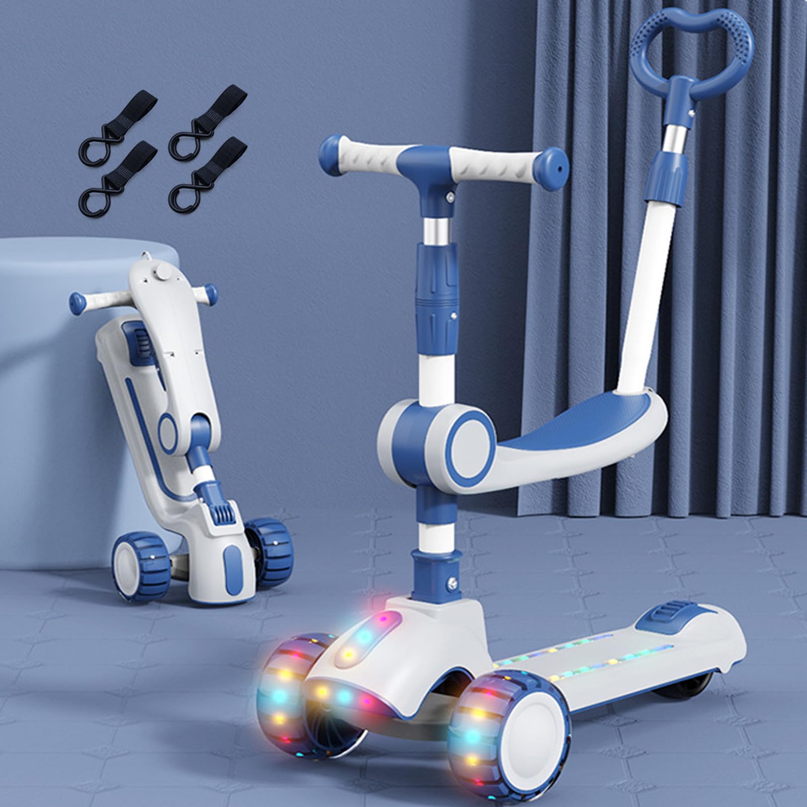 3 Wheel Scooter for Kids, 3-in-1 Kids Scooter with Flashing Wheels, Adjustable Parent Push Bar & Seat & Handlebar, 3 Wheel Scooter for Kids Ages 1-12