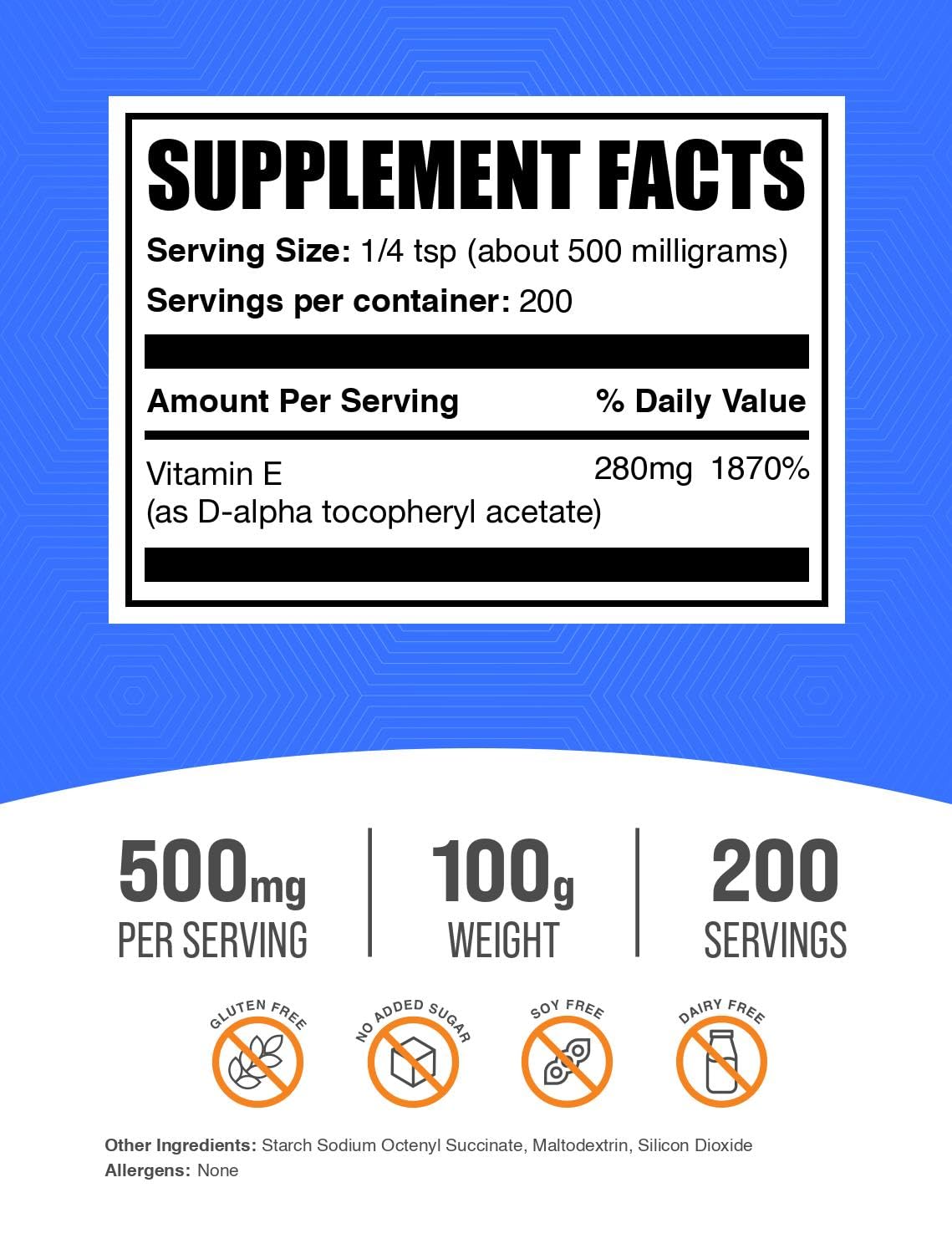 BulkSupplements.com Vitamin E 400 IU Powder - as D-Alpha Tocopherol, Nutritional Supplements - Gluten Free, 500mg per Serving, 100g (3.5 oz) (Pack of 1) — Amazon image 2