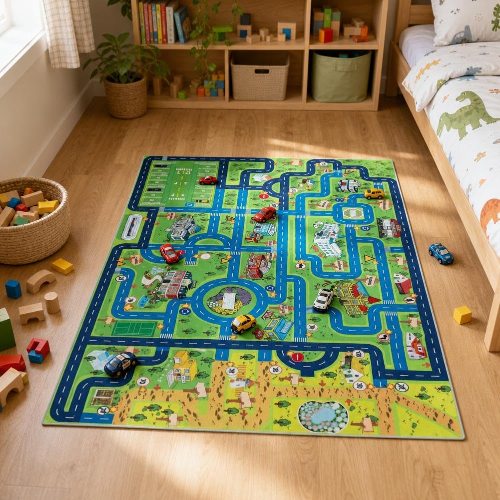 Upgrade Ultra Non Slip Kids Car Rug, Kids Road Playmat Rug for Toy Cars, Educational Town City Map Washable Carpet for Boy Playroom Bedroom, Safer Car Track Play Mat for Children Baby Toddler, 60"x36"