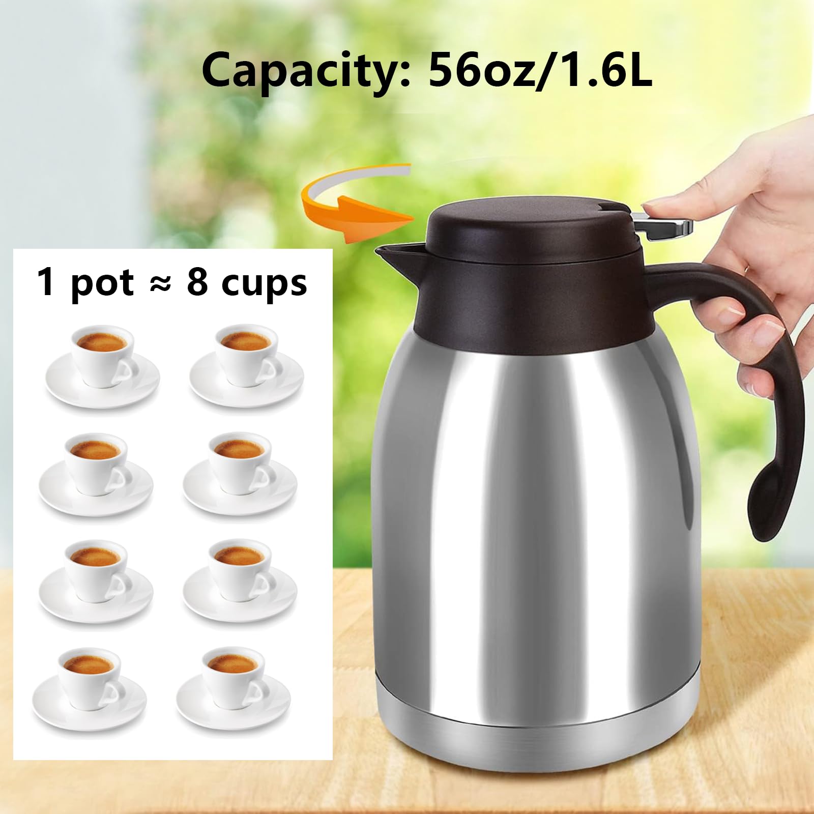 Thermo-Kaffeekaraffe aus Edelstahl, unzerbrechlich, doppelwandig, Vakuum-Thermosflasche, 1,6 l, Wasser-Teekanne, Getränkekrug für kalte Getränke im Sommer (klassisches Silber)
