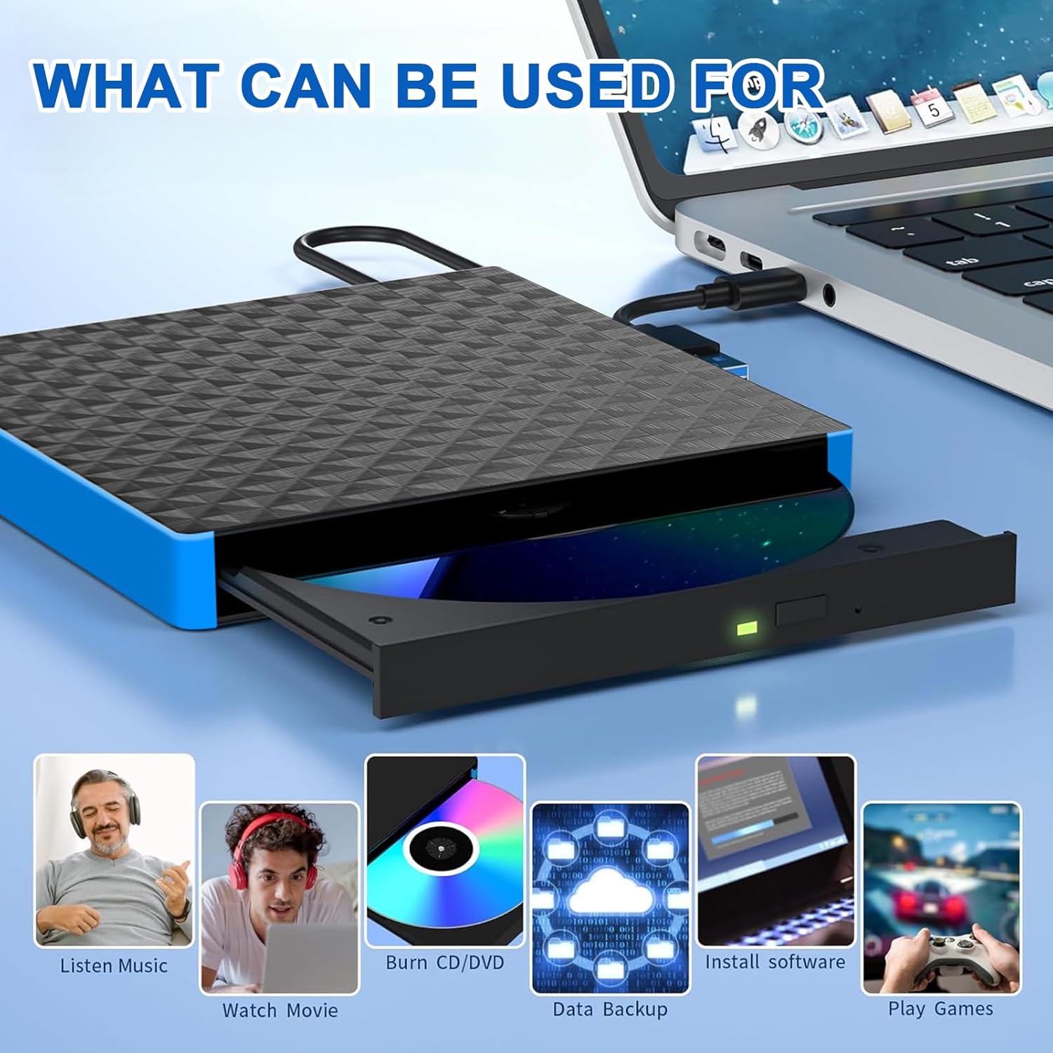Icons depicting various uses for the external drive: listening to music, watching movies, burning CDs/DVDs, data backup, installing software, and playing games.