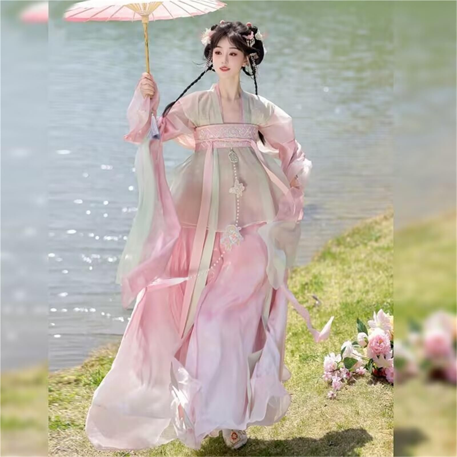 Chińska sukienka Hanfu kobiety przebranie na karnawał strój na imprezę Vintage starożytna dynastia Tang różowy i żółty gradient Plus rozmiar