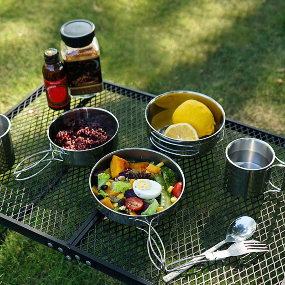 IMIKEYA 5pièces Set de Acier Inoxydable Vaisselle de Camping Portable avec Poignée pour Pique- Barbecue et Plein Air