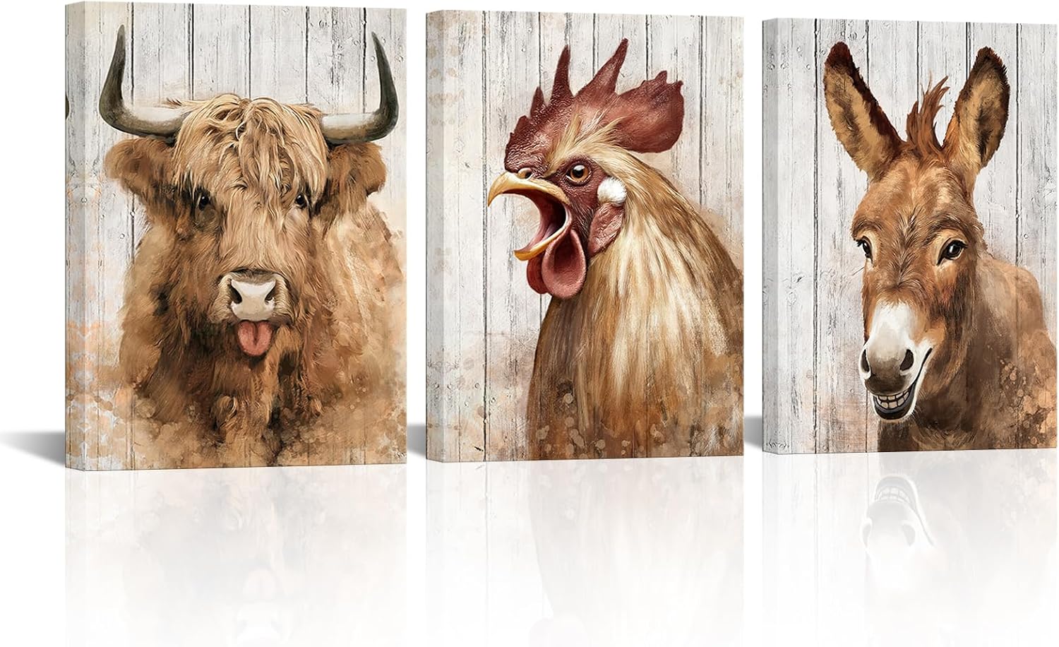 OuElegent Rustic Highland Cow Wall Art 3-Panel Farm Animal Canvas Prints Brown Farmhouse Decor Rooster Donkey Pictures Kitchen Dining Decor Whitewashed Wood Background 12''x16''x3