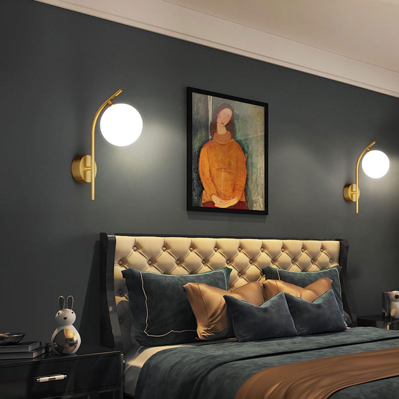 Applique da Parete di Lusso, Lampada Moderna Rotonda in Rame con Vetro Decorativo Nordico per Comodino, Lettura, Soggiorno, Camera da Letto, 1 Confezione / 2