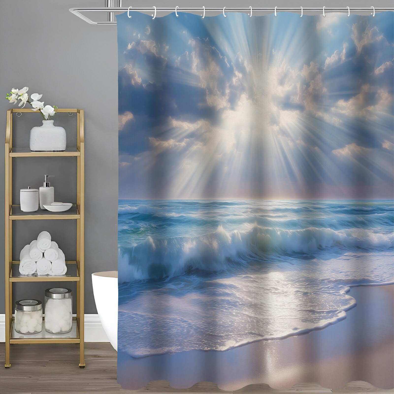 Rideau Douche,Rideau Baignoire Lavable en Machine Rideaux Douche Tissus Lavable Rideau De Baignoire Lavable pour Salle De Bain Domicile Baignoire Famille,Plage Ensoleillée,