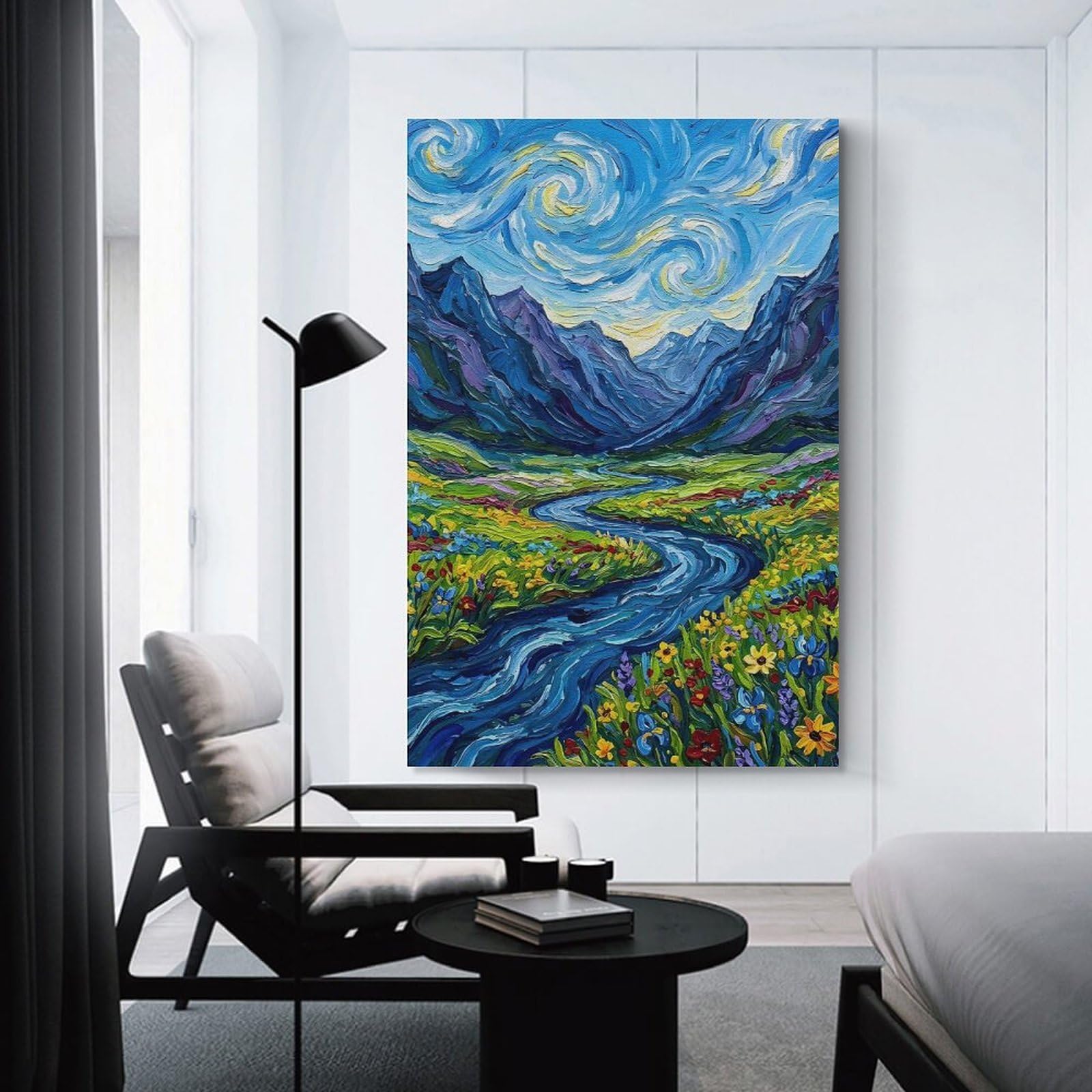 Junmoney Home Decor Wall Art Impressionistic Mountain Valley River Painting, 24x36inch(60x90cm), for New Homes, Bedrooms Or Workspaces, Decorative Present for New Homes