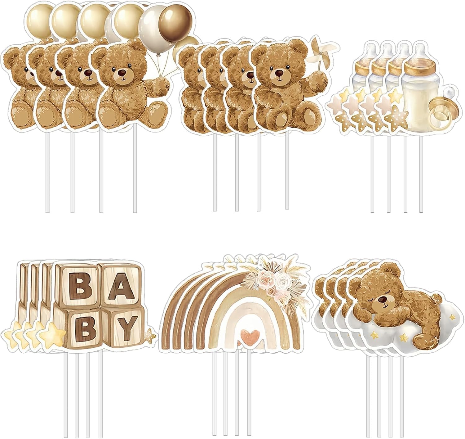 Muiltvoe 24PCS Baby Shower Cupcake Toppers, Gender Reveal Cake Toppers with Cute Brown Bear, Baby Shower Cake Decorations for Birthday Party, Bear Cupcake Decorations