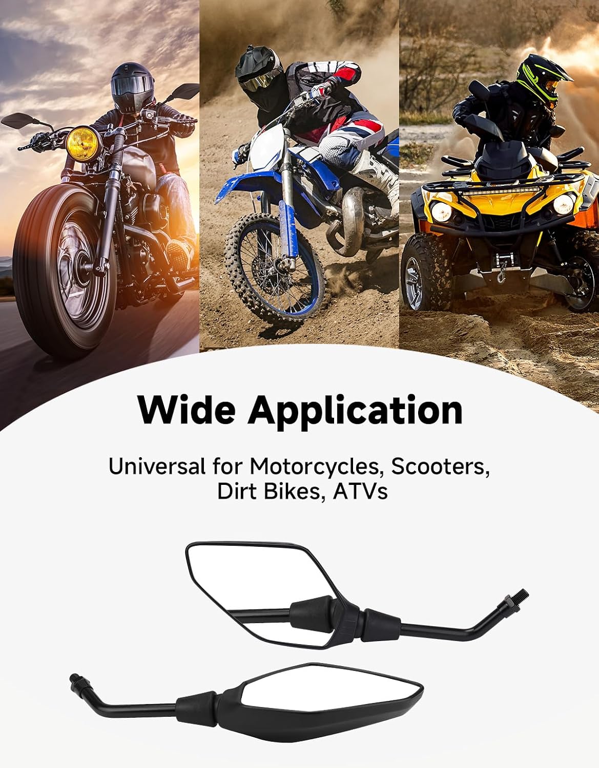 KEMIMOTO Motorcycle Mirrors for Handlebar, 360° Adjustable Rearview Mirrors with 22mm/25.4mm Clamp, M8 M10 Adapters, Universal Fit for Most Motorbikes, Electric Bikes, Scooter, ATV, UTV